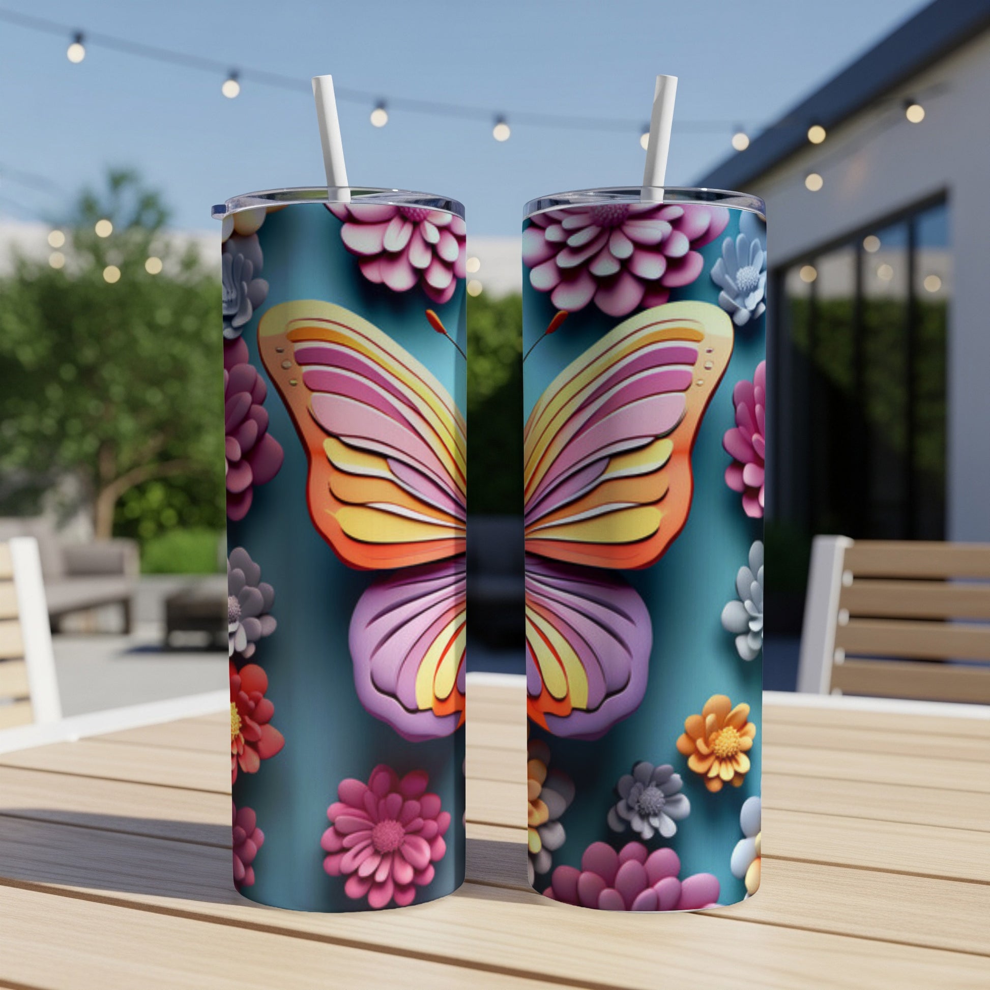 Two teal tumblers featuring a large pink and orange butterfly design.