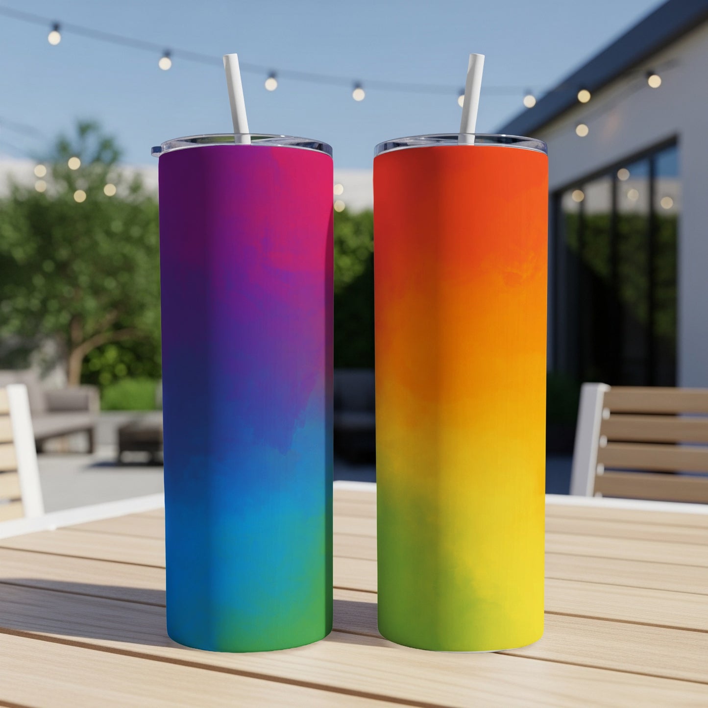 Two tall tumblers with rainbow gradient designs stand on a table.