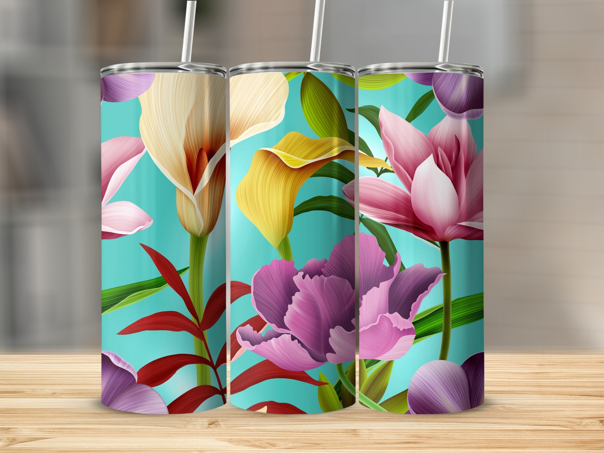 Colorful Floral Art Design Tumbler Cup with Straw
