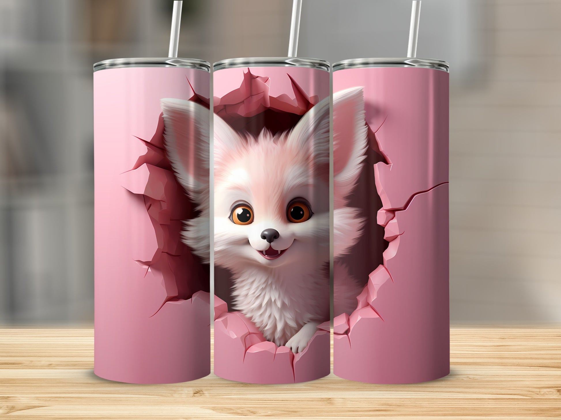 Adorable Fox Peeking Through Pink Wall Tumbler Product
