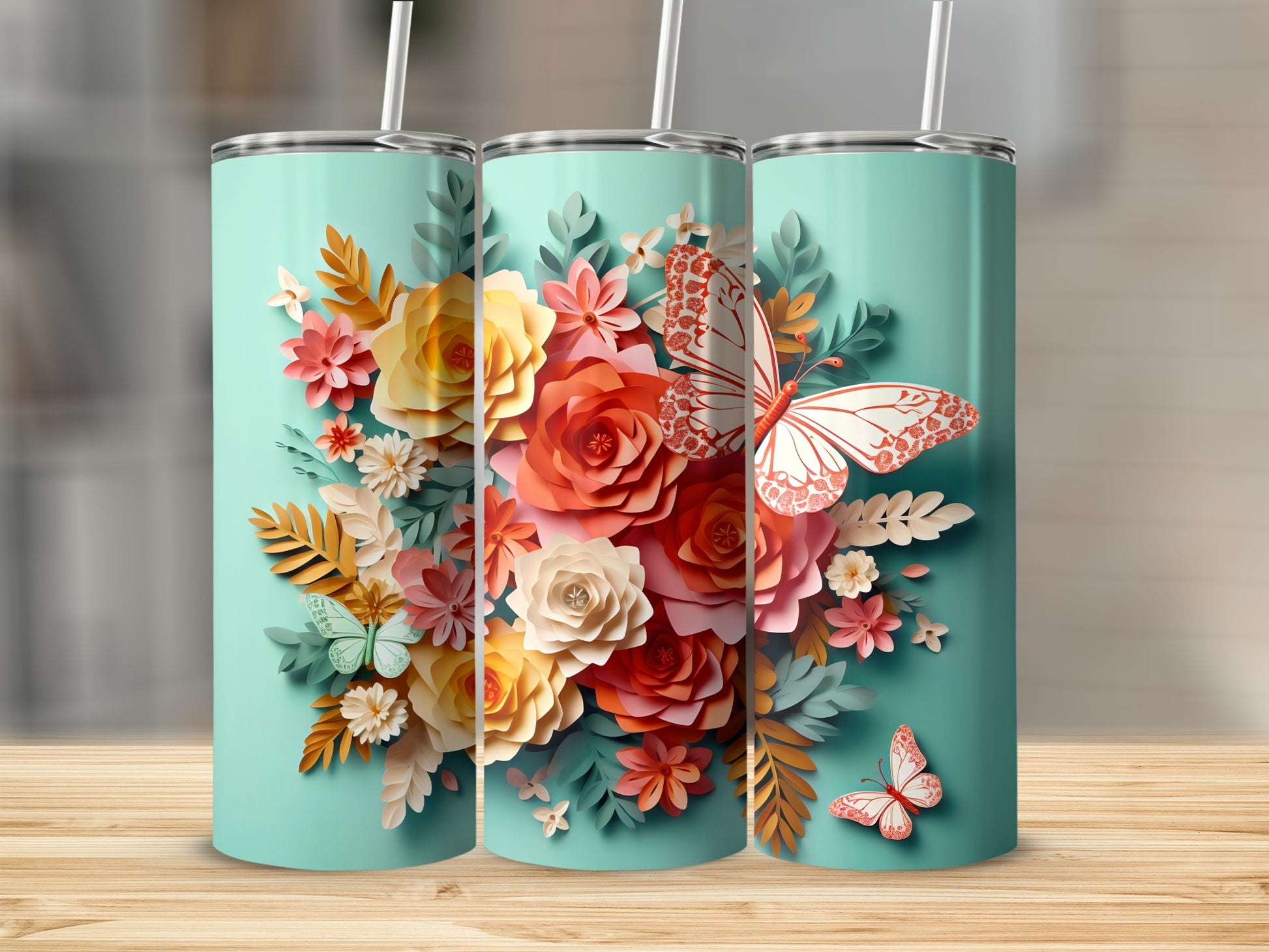 Floral Butterfly Design Tumbler 20oz Customizable Cup