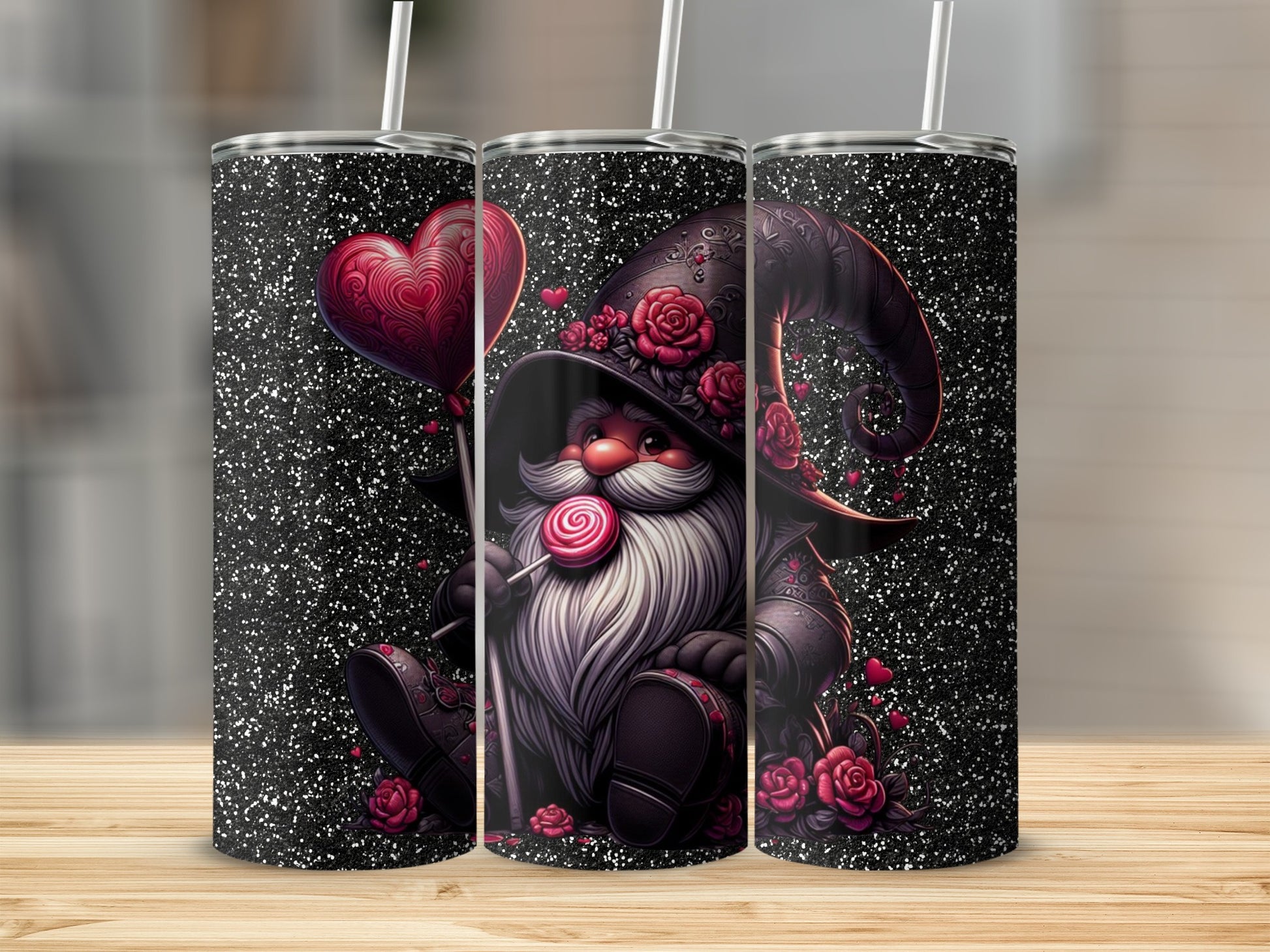 Valentine's Day Gnome Tumbler with Heart and Roses