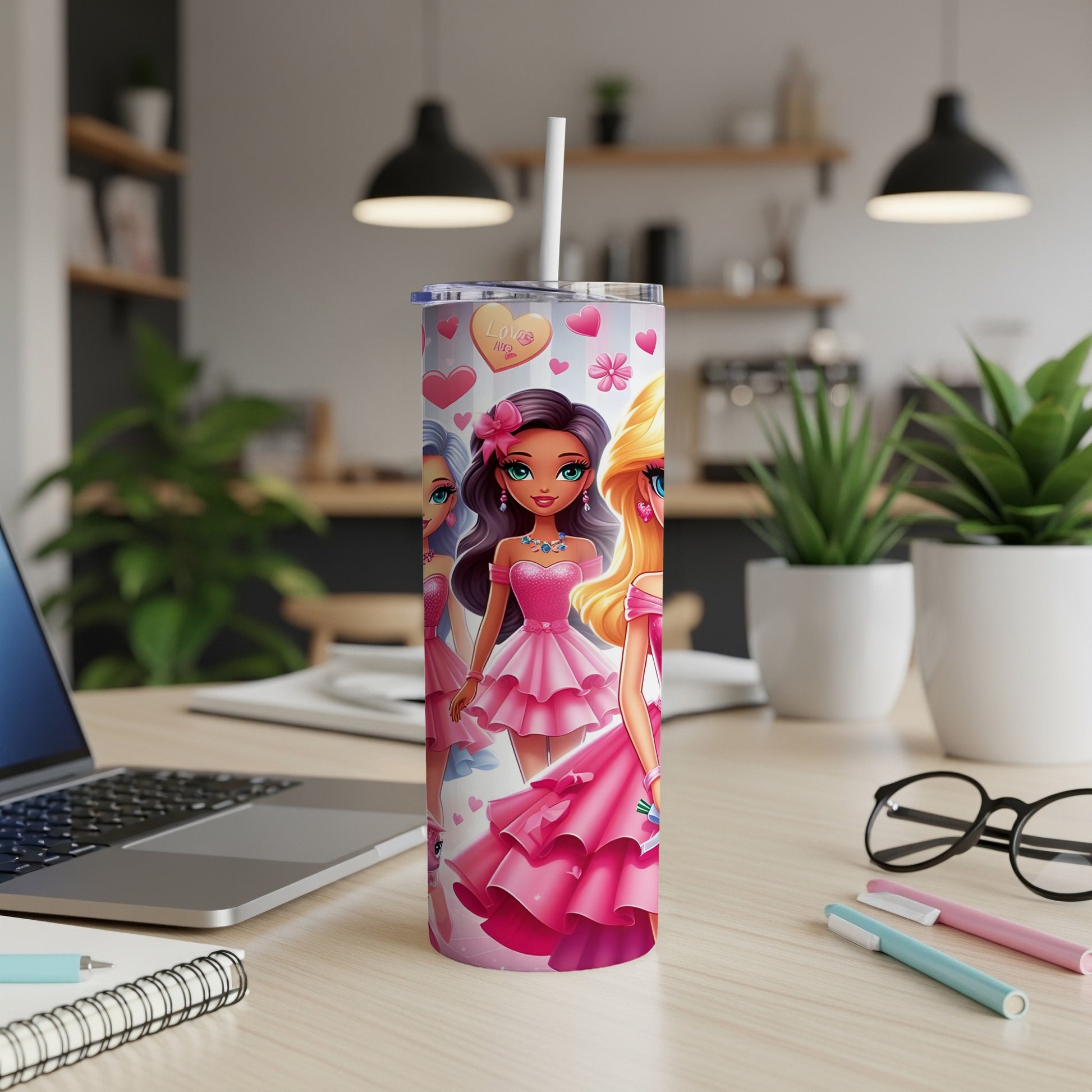 Tumbler with three cartoon girls in pink dresses, hearts, and stripes.