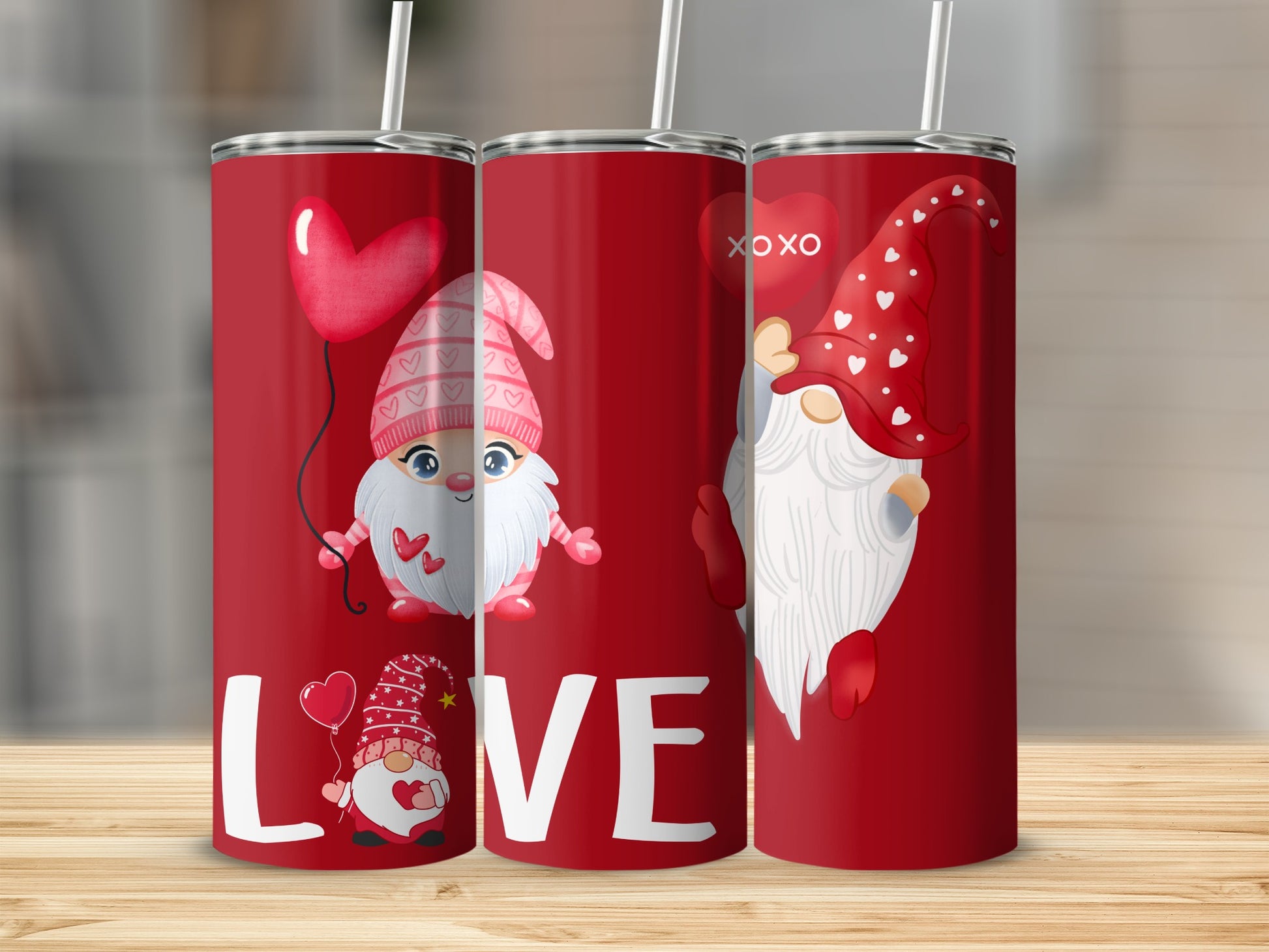 Love Gnome Design Tall Red Tumblers Set