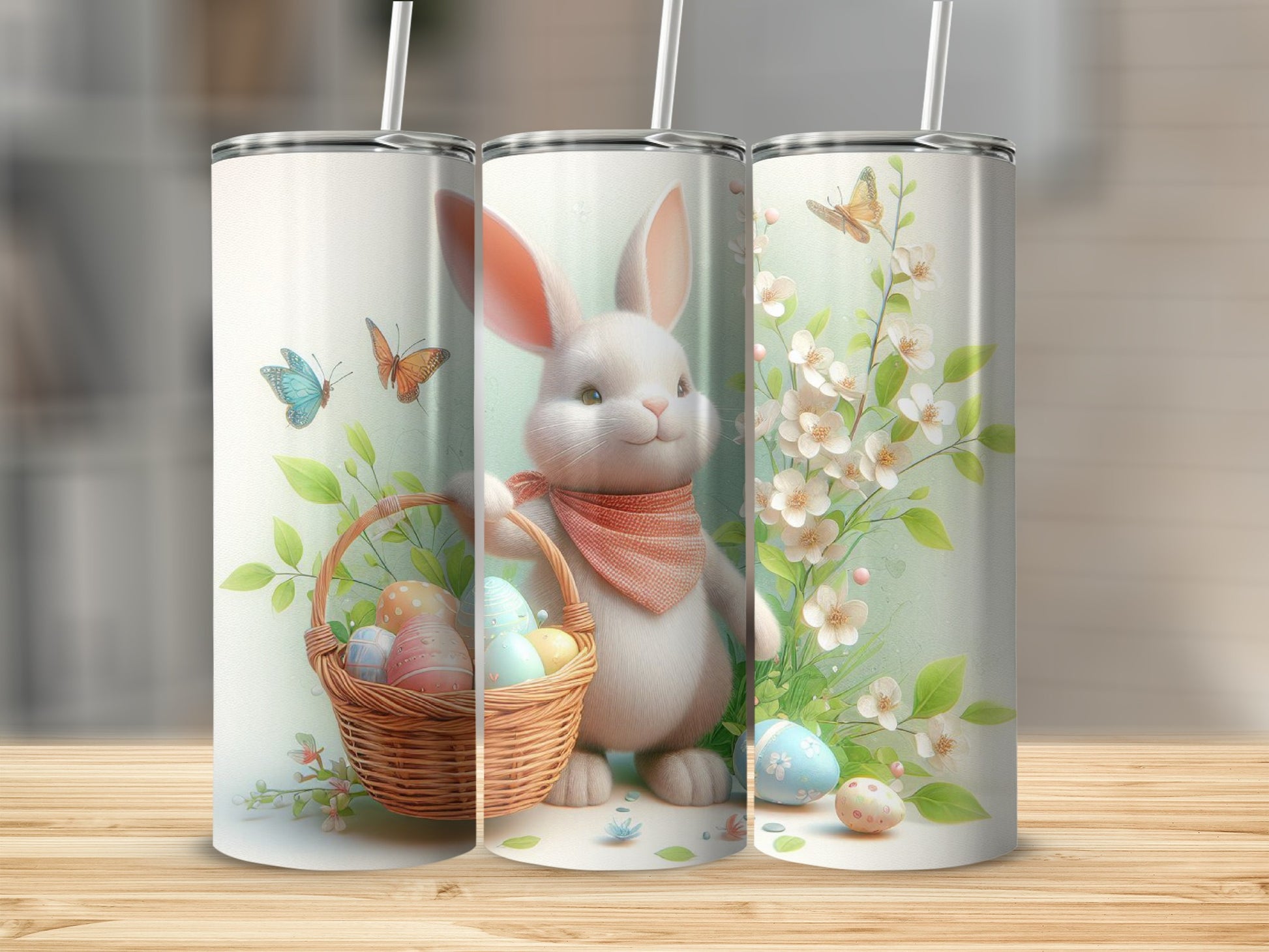 Easter bunny with basket of painted eggs and butterflies on a floral background.
