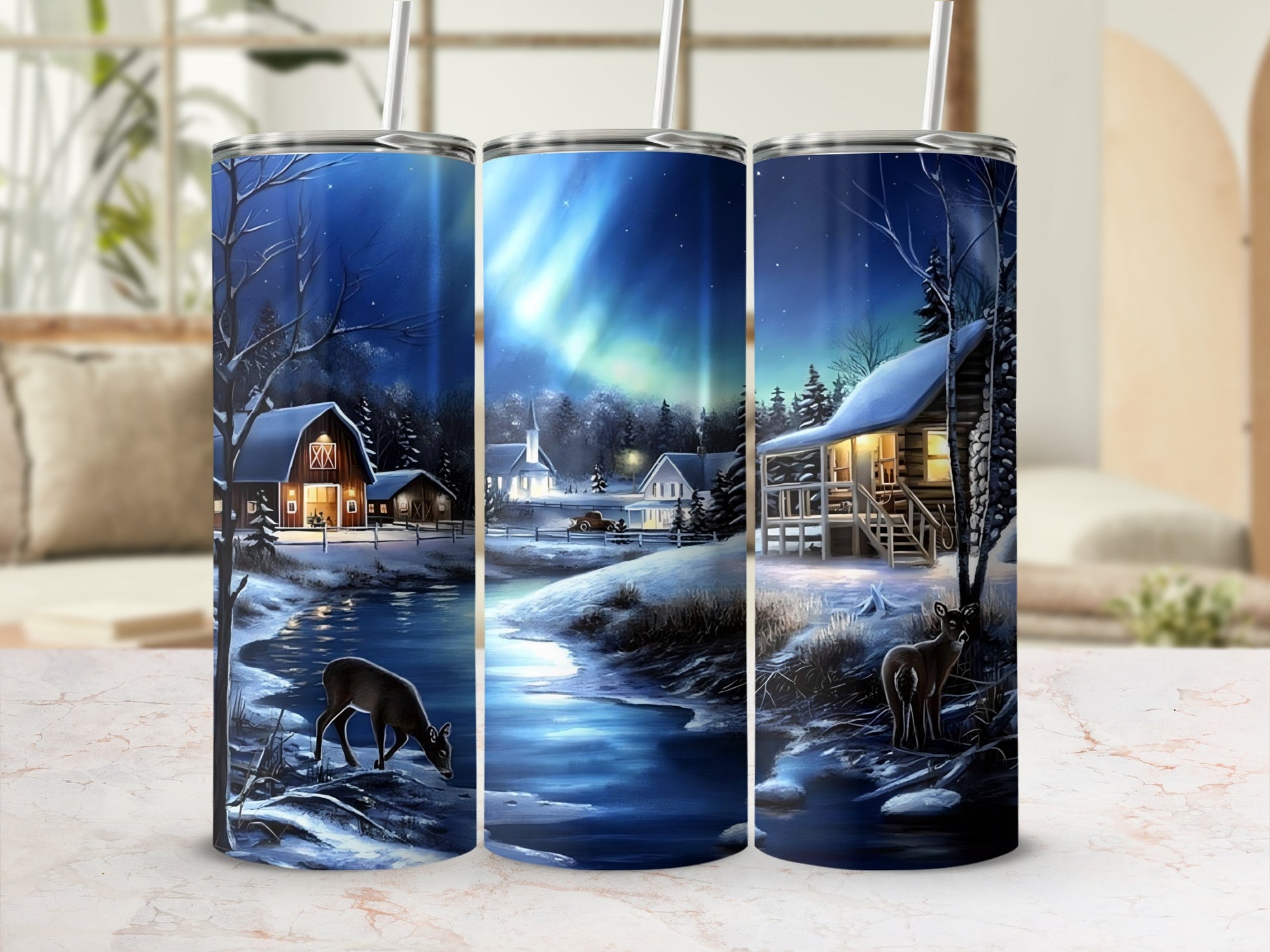 Winter Night Scenic Glow Tumbler with Deer and Cabin