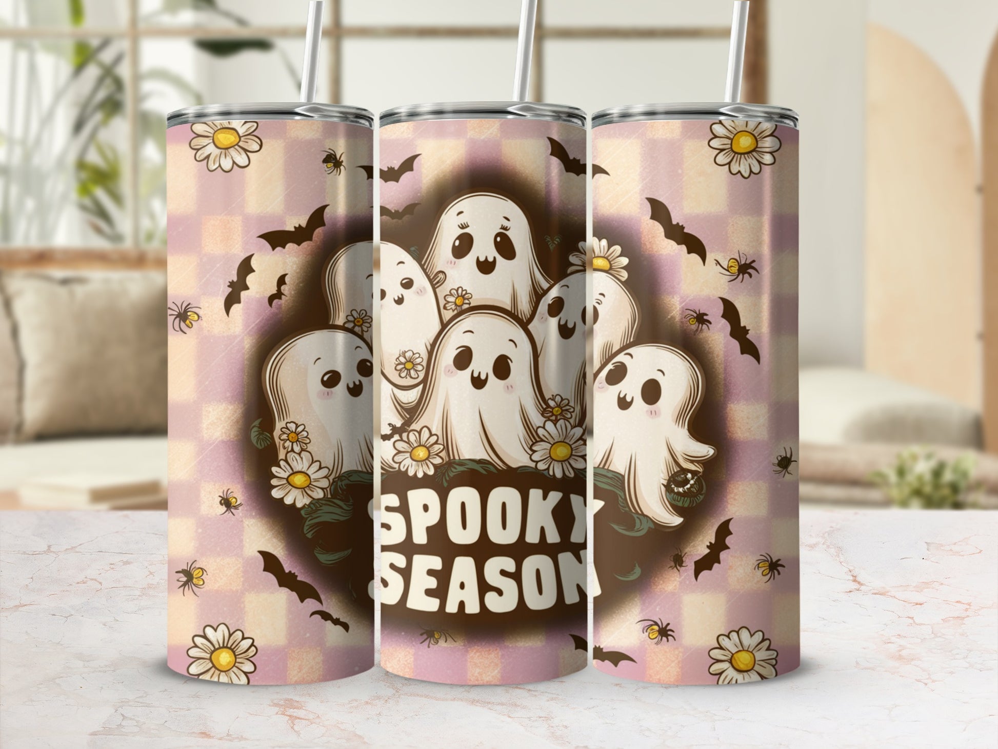 Three tumblers with cute ghosts, bats, spiders, and flowers, text "SPOOKY SEASON".