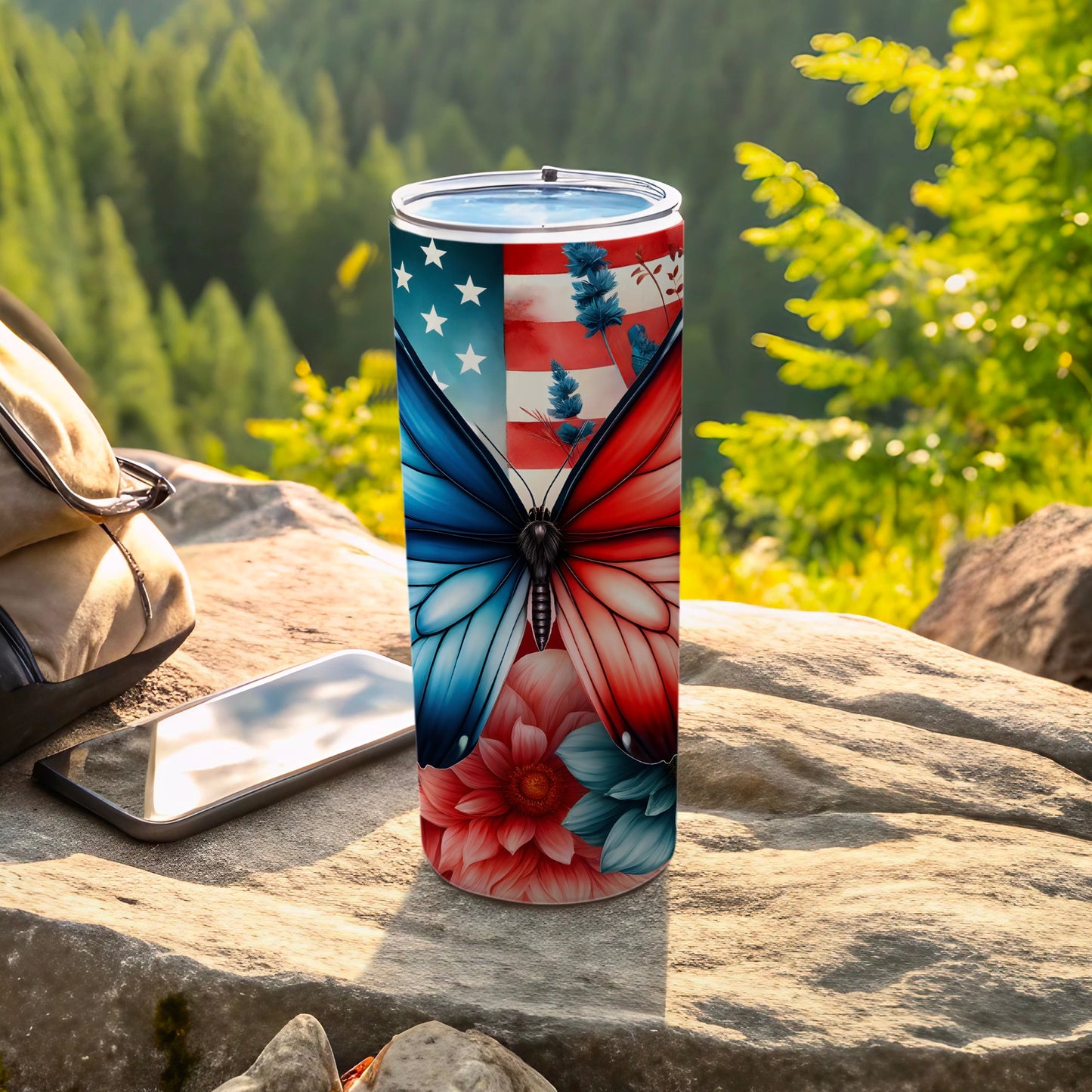 American flag butterfly design on a stainless steel tumbler.