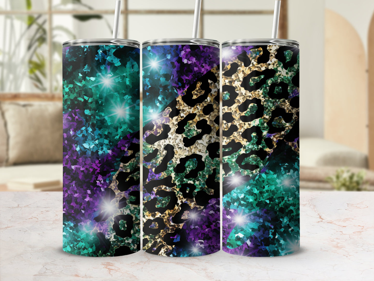 Tumbler with purple, teal, and leopard print designs.