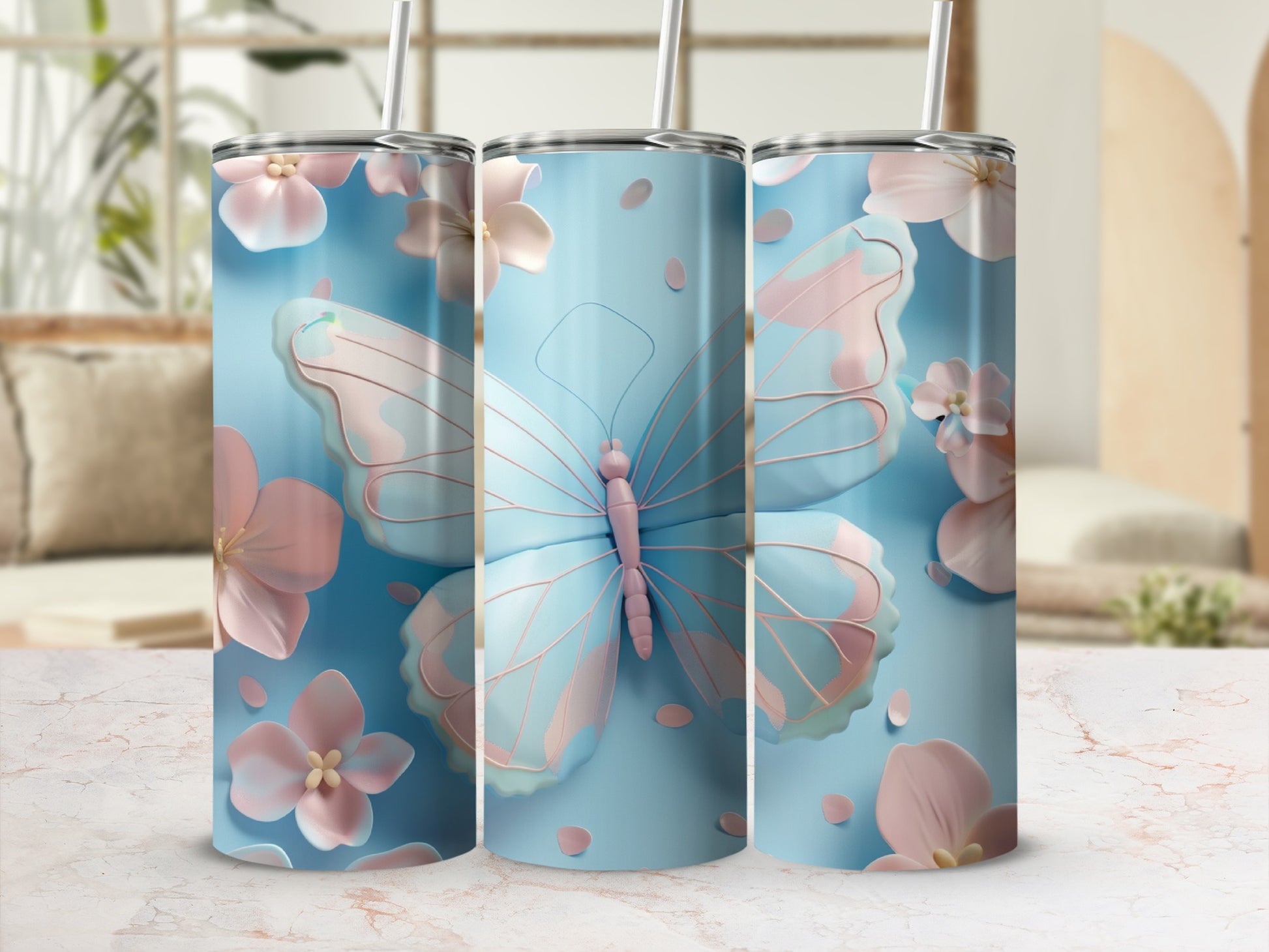 Tall tumbler with pastel butterflies and flowers on a light blue background.