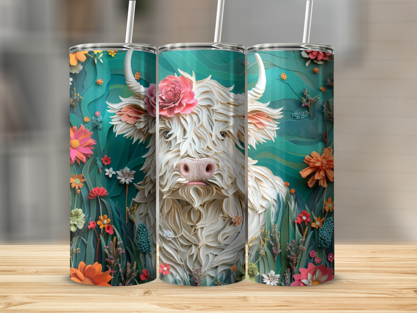 White Highland cow with pink nose surrounded by colorful flowers.