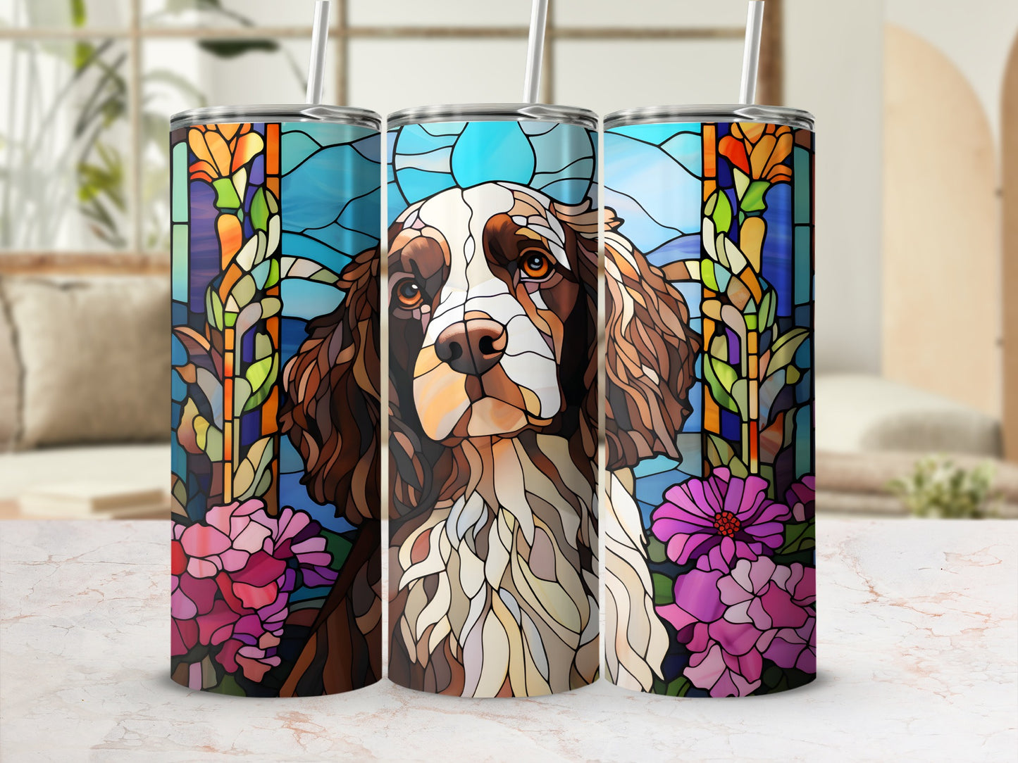 English Springer Spaniel portrait on stained glass and floral patterned tumbler.