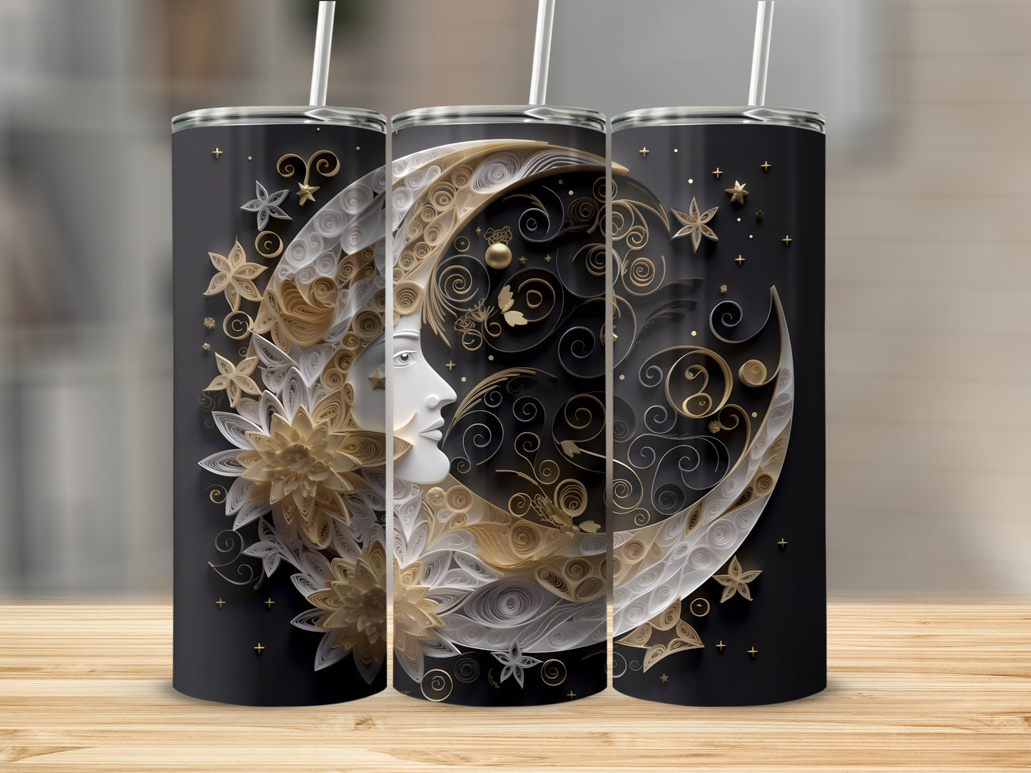 Three tumblers featuring a crescent moon with a woman's profile and floral design.