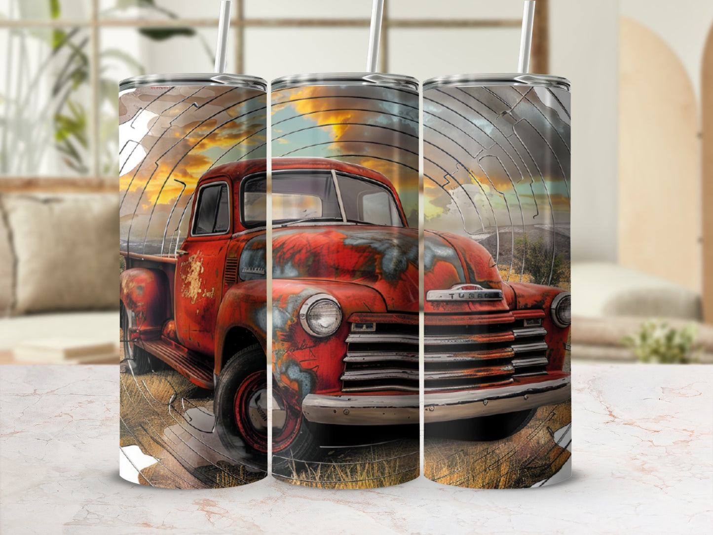 Rusty vintage Chevrolet truck with sunset landscape background.