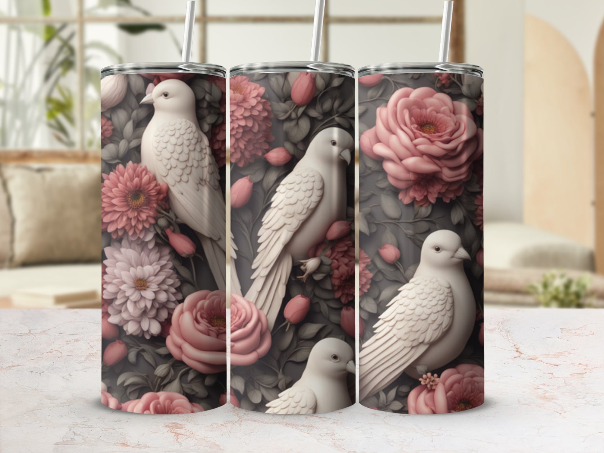 White doves among pink and red flowers on a dark background.