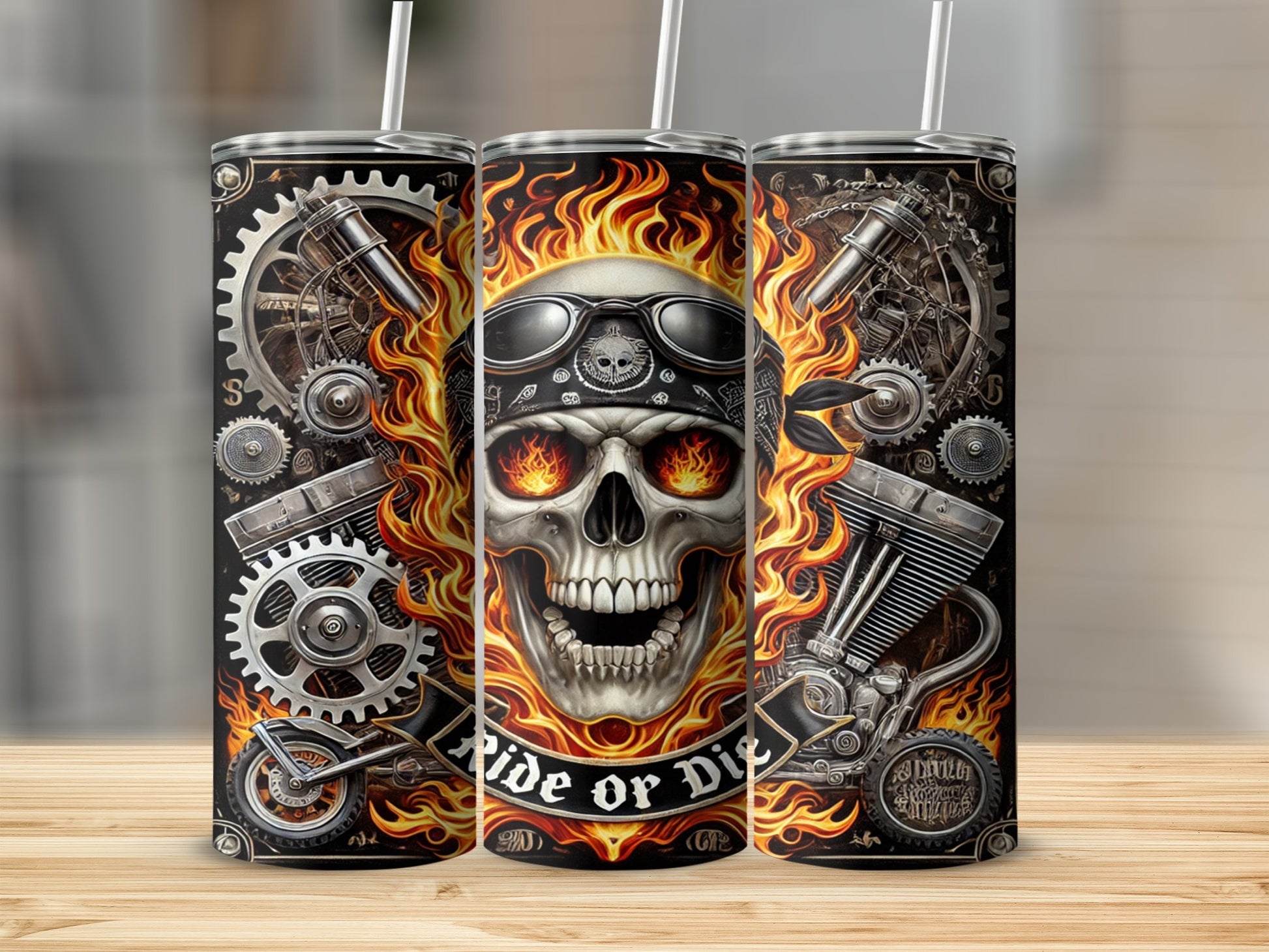 Ride or Die Skull with Gears and Flames Tumbler