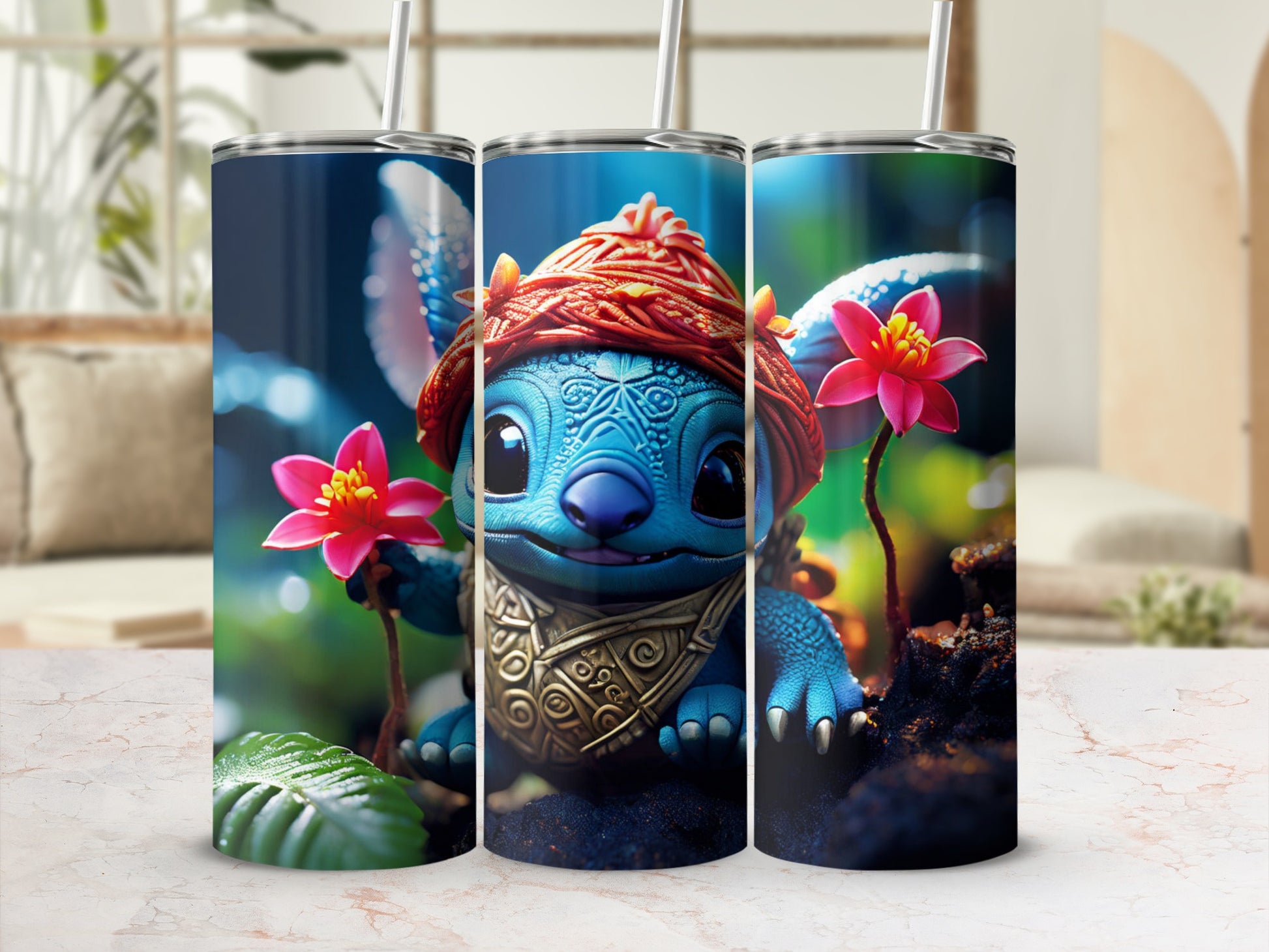 Stitch wearing a red hat and holding a pink flower, shown on a tumbler.