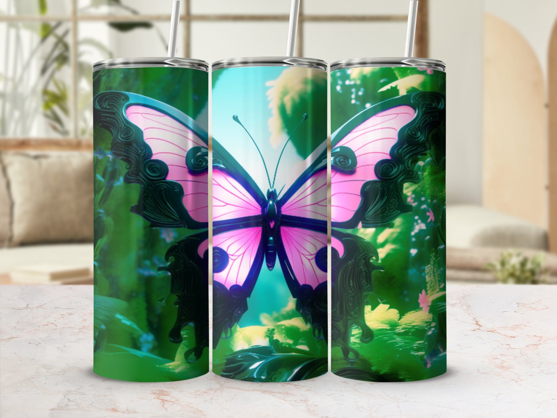 Pink butterfly design on three cylindrical tumblers with straws.