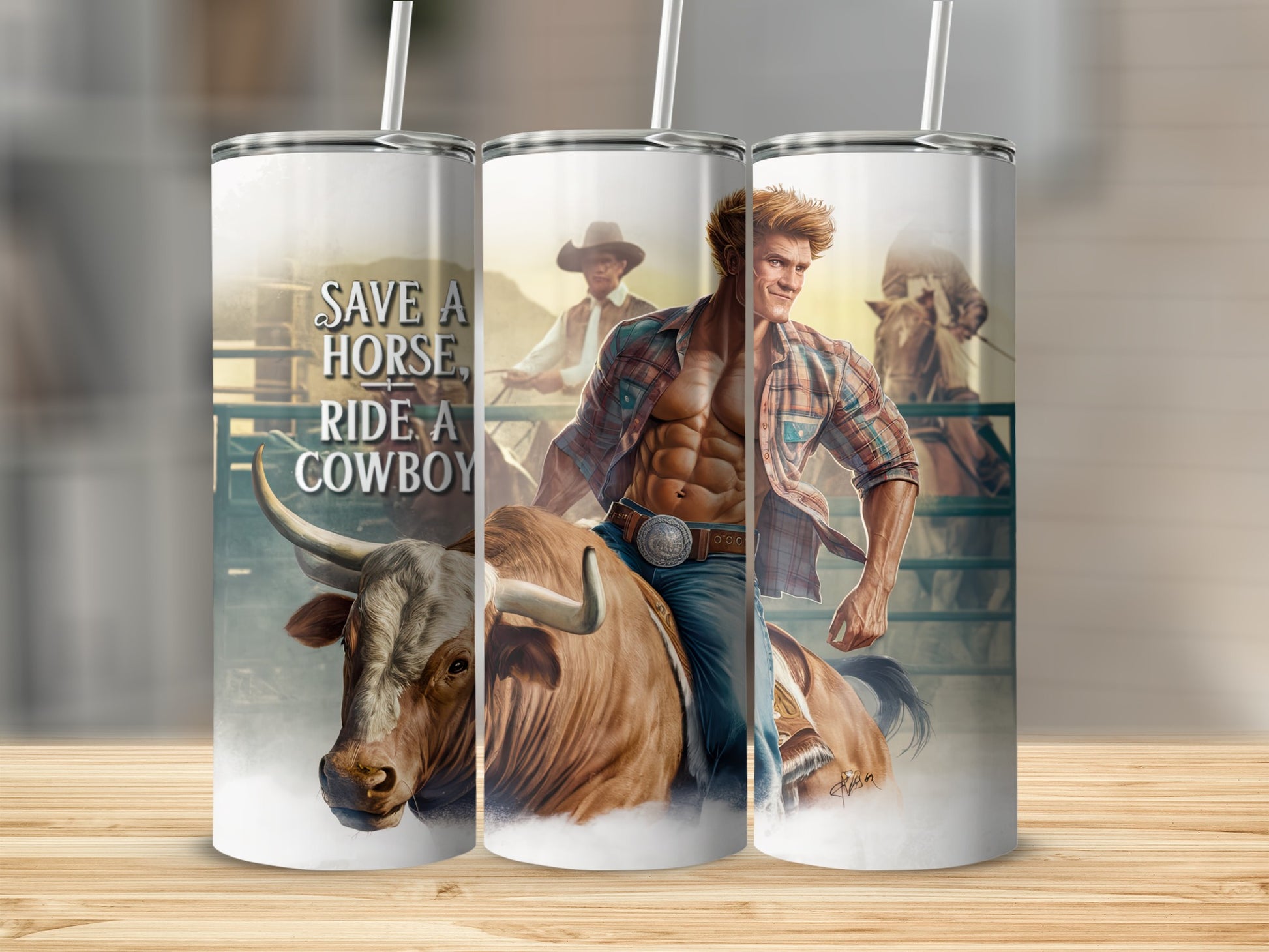 Cowboy riding bull with text "Save a horse, ride a cowboy".
