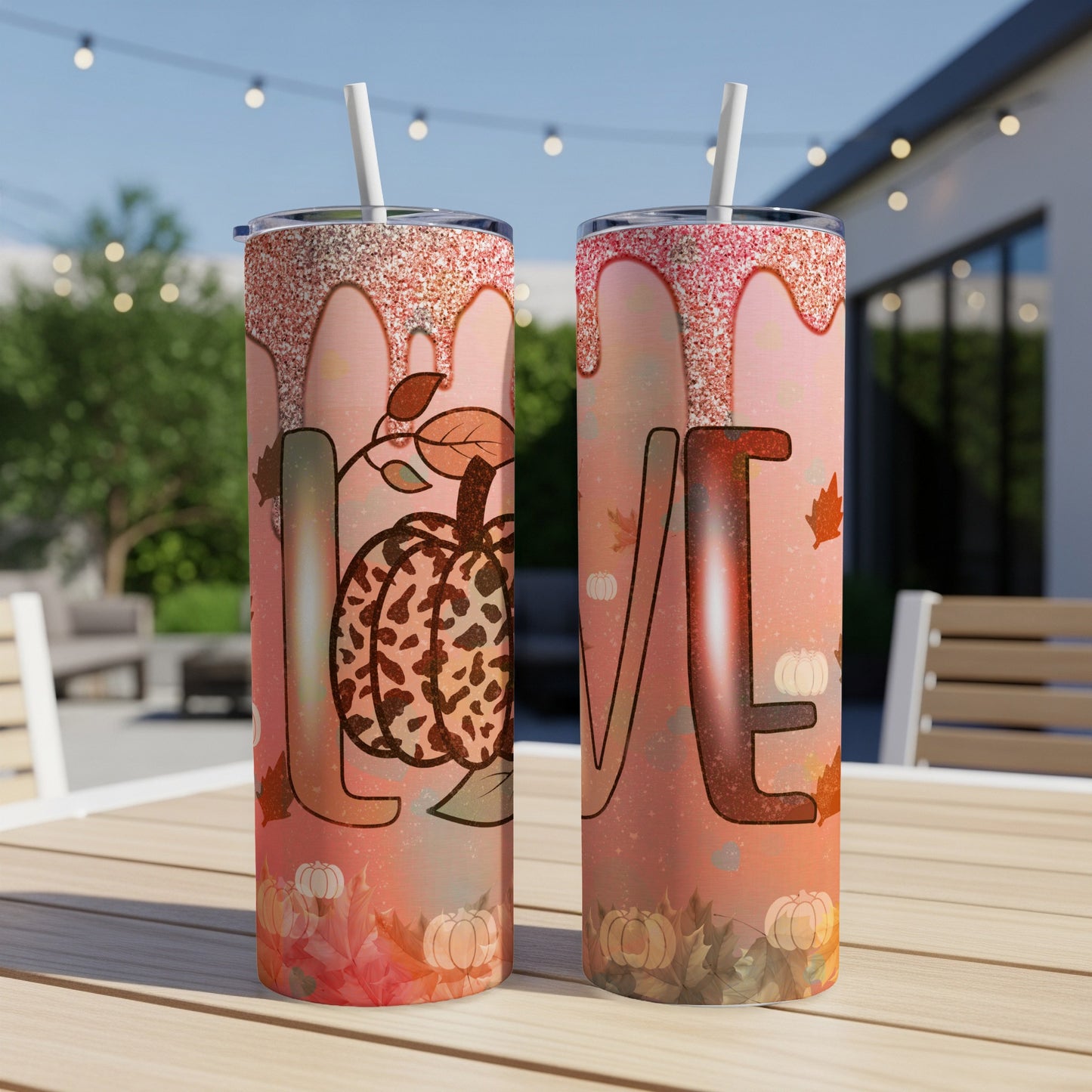 "LOVE" text with leopard print pumpkin on a pink glitter tumbler.
