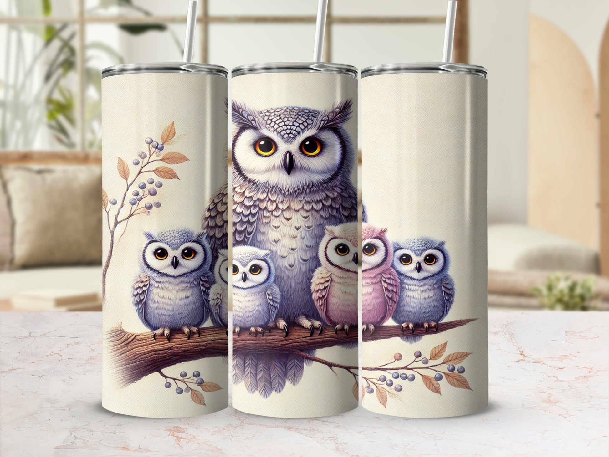 Cute Owl Family Illustration Insulated Tumbler Cup