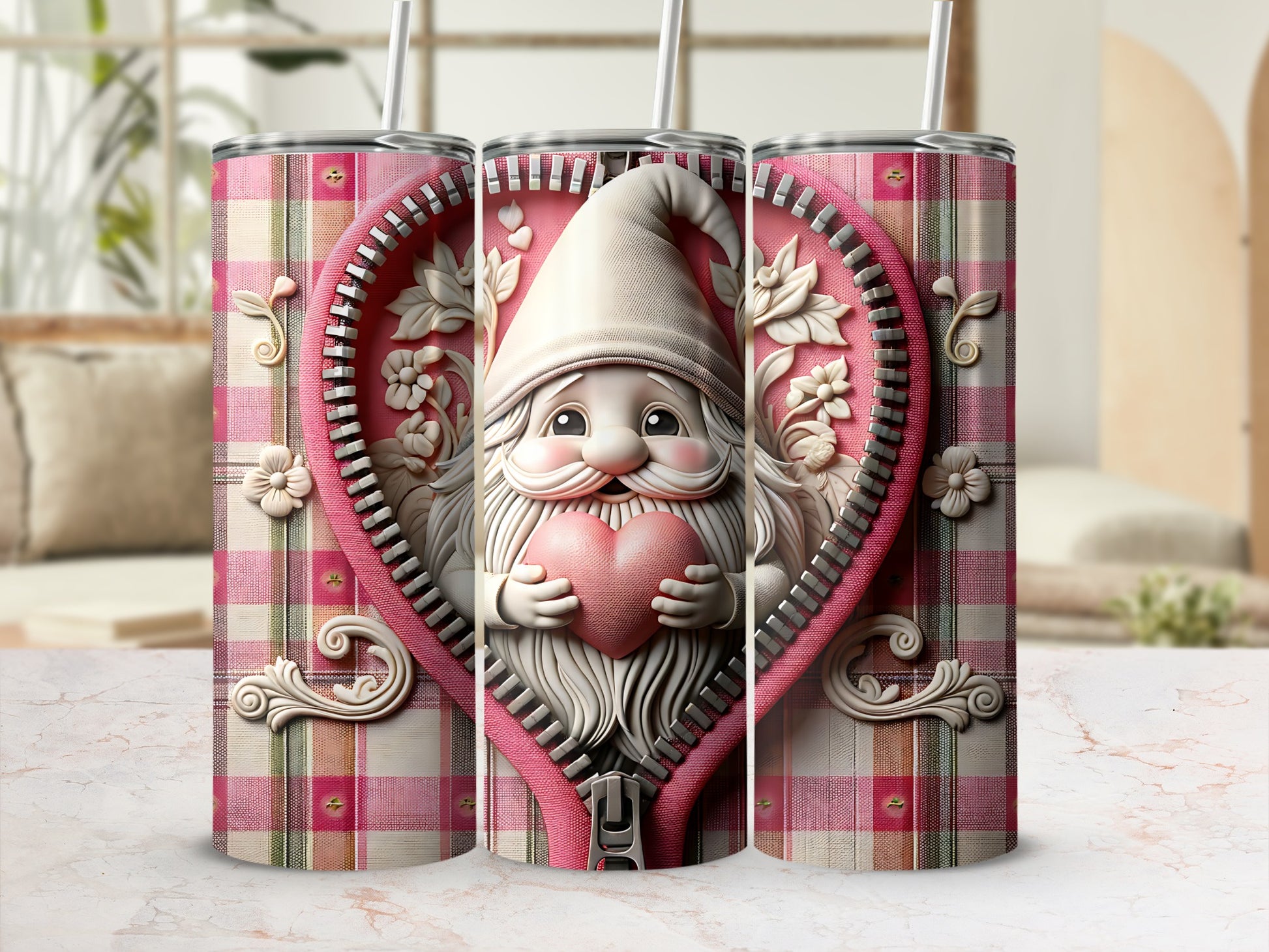 Pink plaid tumbler with zipper revealing a gnome holding a heart.