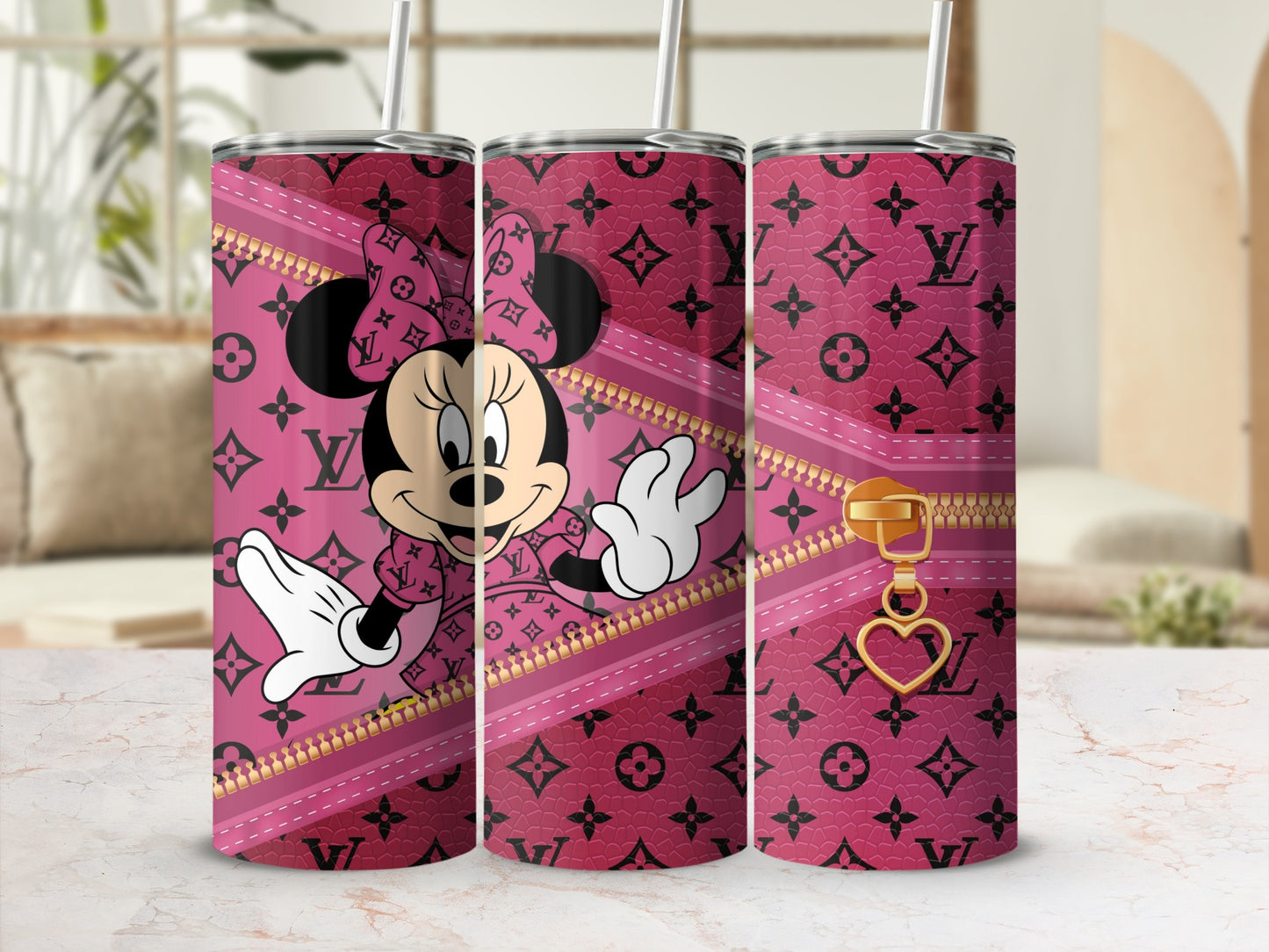 Cute Minnie Mouse Pink Pattern Tumbler with Zipper Design