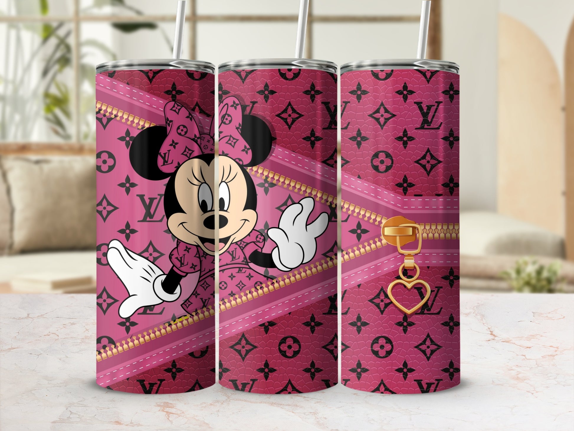 Cute Minnie Mouse Pink Pattern Tumbler with Zipper Design