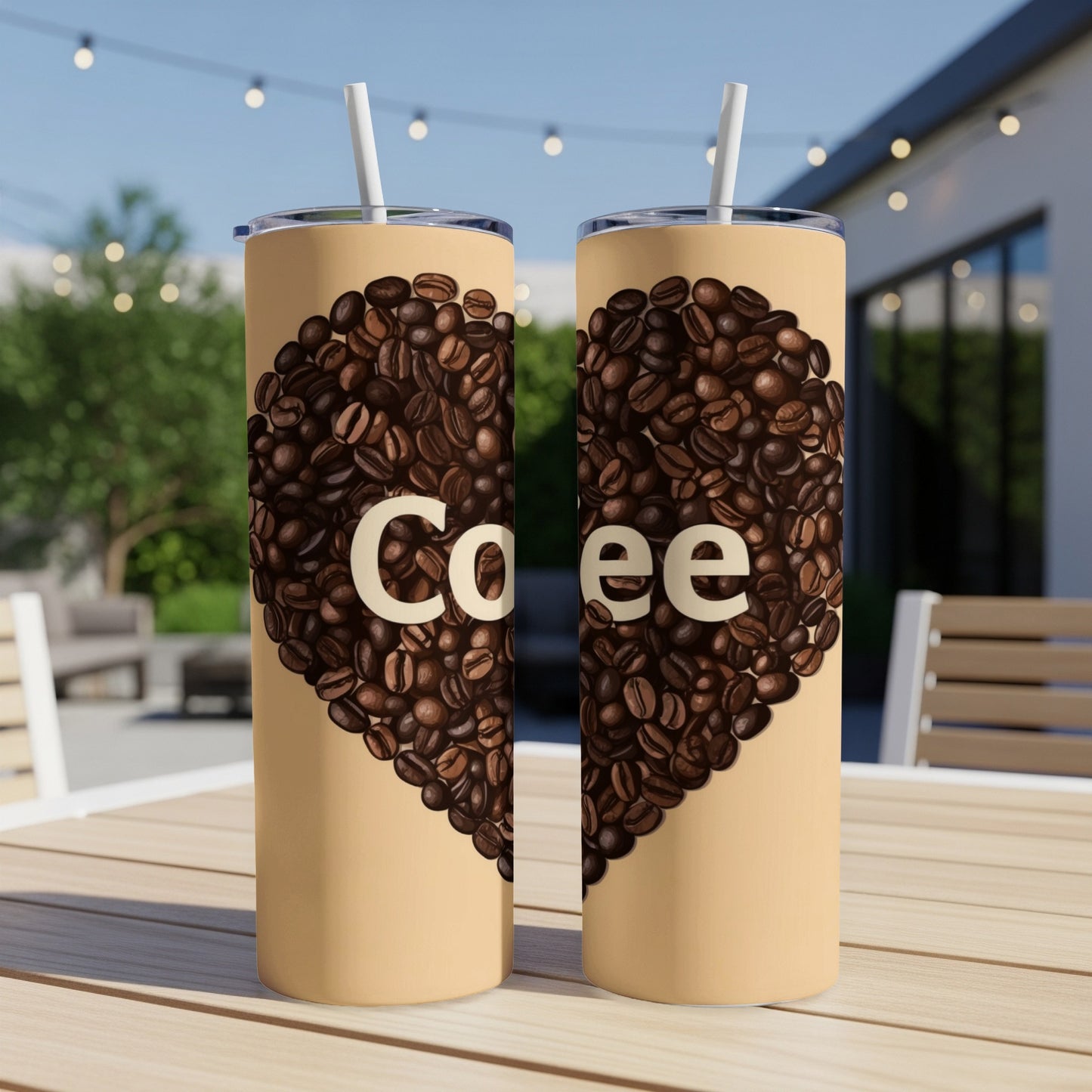 Two tumblers with coffee beans forming a heart shape, spelling "Coffee".