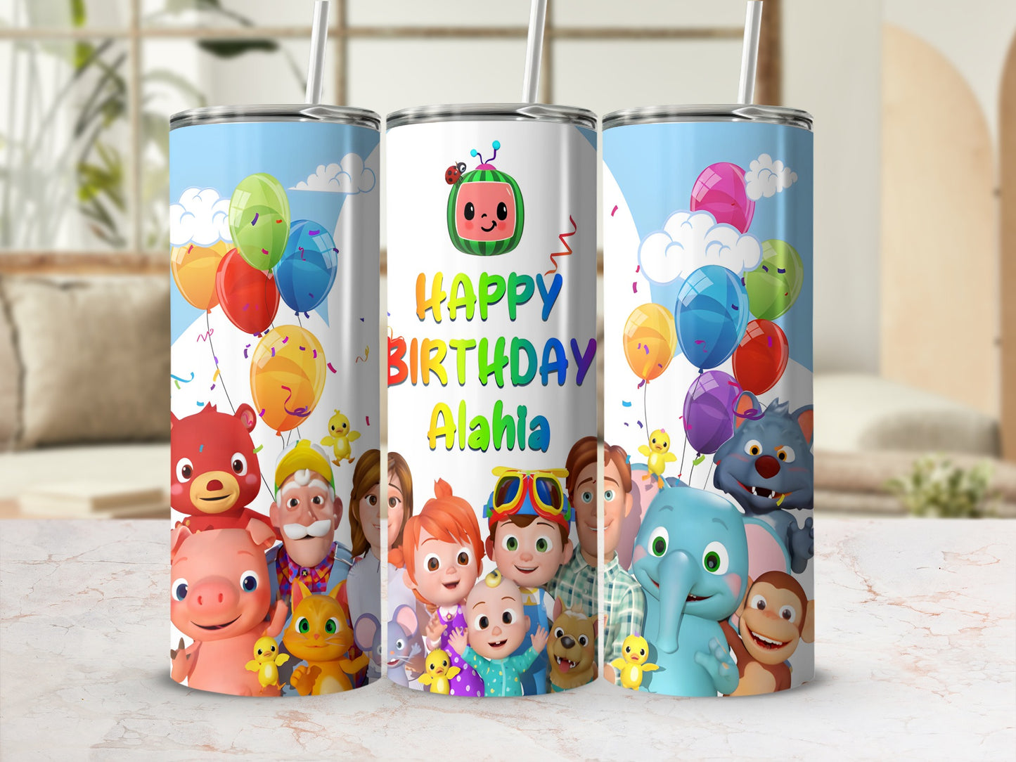 Cocomelon birthday tumbler with characters, balloons, and "Happy Birthday Alahla" text.
