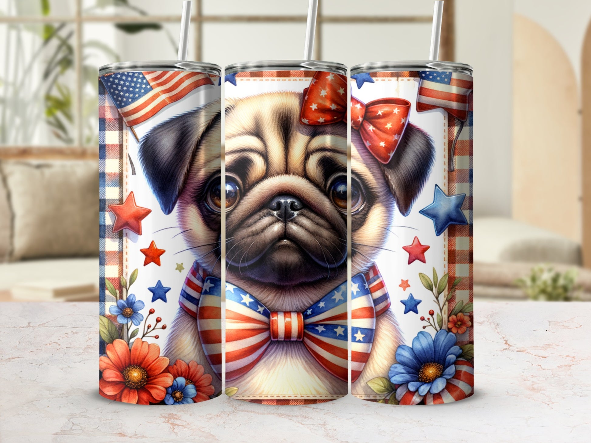 Pug wearing patriotic bandana and bow on tumbler with flag and stars.