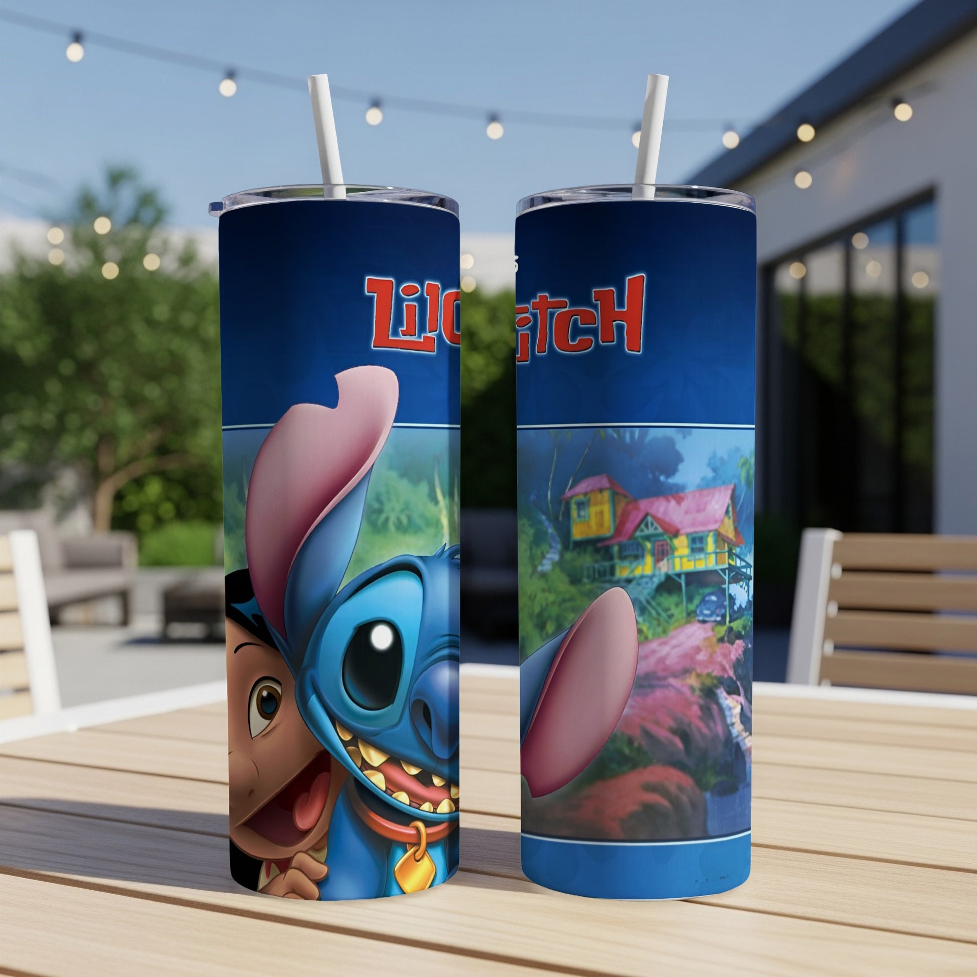 Blue tumbler featuring Stitch from Lilo & Stitch with "Lilo & Stitch" logo.