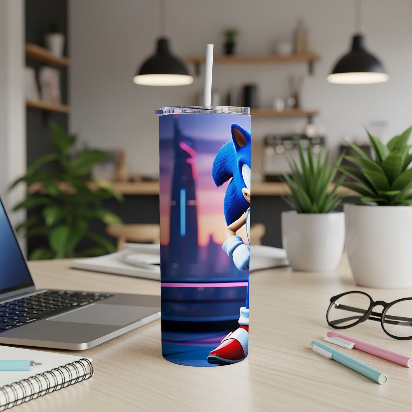 Sonic the Hedgehog on a blue and purple tumbler with straw.