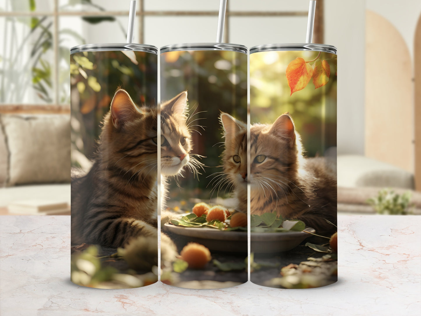 Triptych of tumblers featuring a fluffy tabby kitten looking at food.