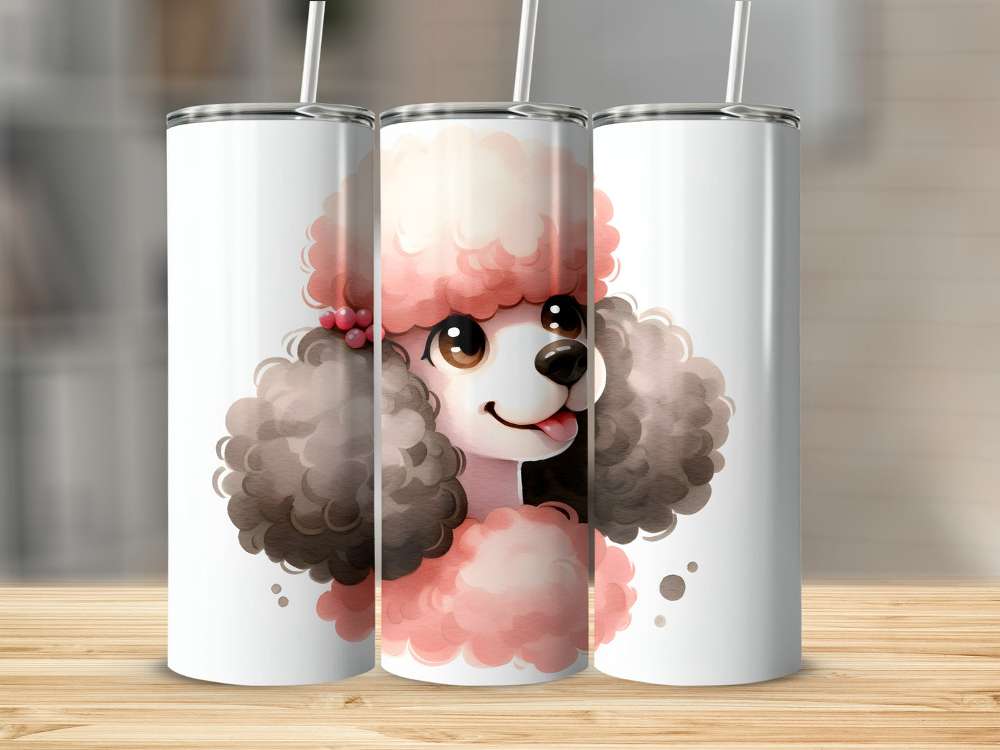 Three pink poodles with brown curly fur on white tumblers.