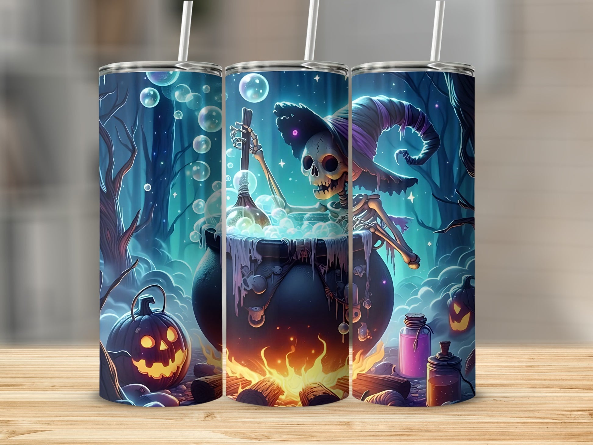 Halloween tumblers feature a skeleton witch stirring a bubbling cauldron with pumpkins and potions.