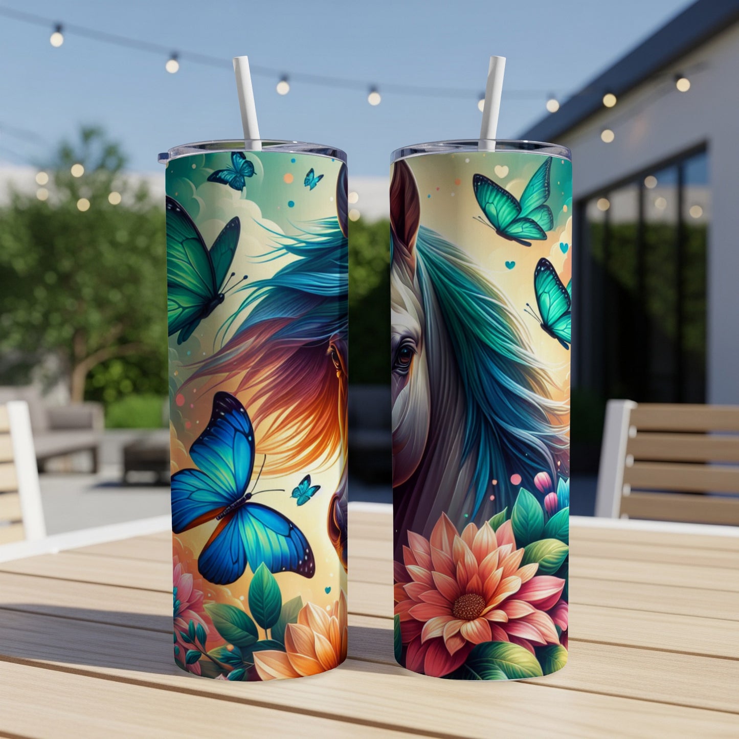 Horse and butterfly art on two tumblers, on a table outdoors.