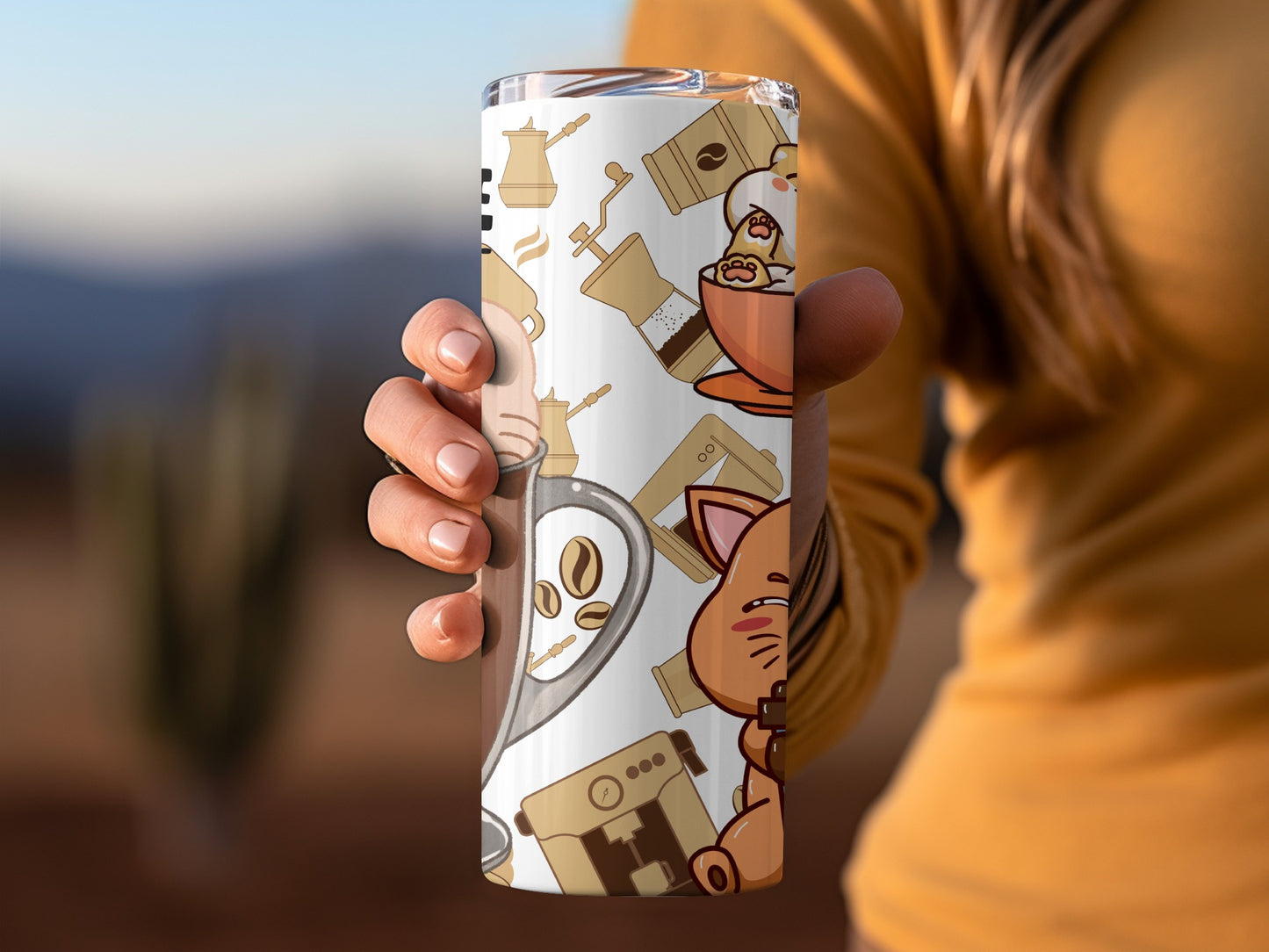 Cute Cat and Coffee Themed Tumbler Flask Travel Mug