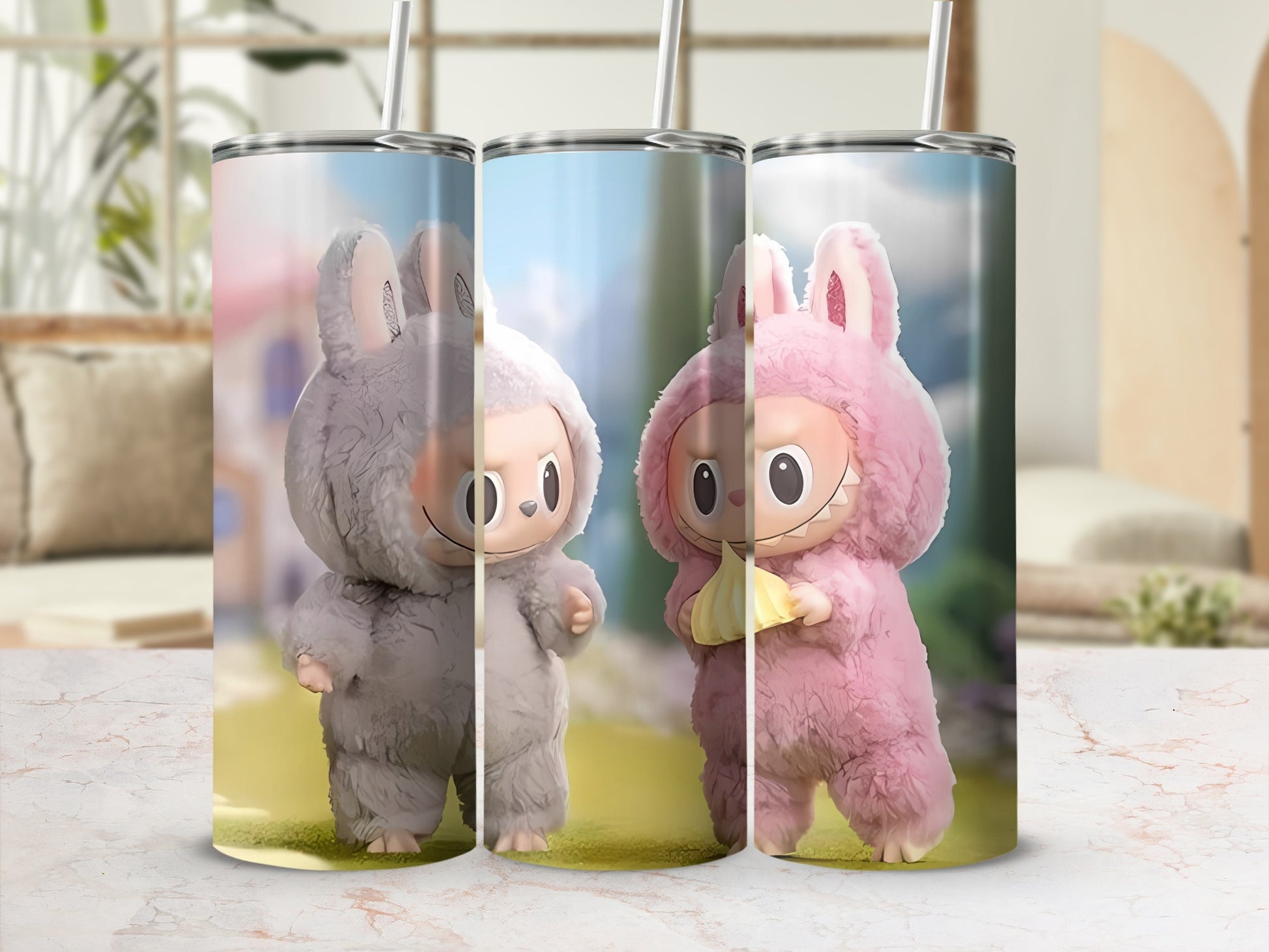 Cute Cartoon Bunny and Bear Design Insulated Tumbler