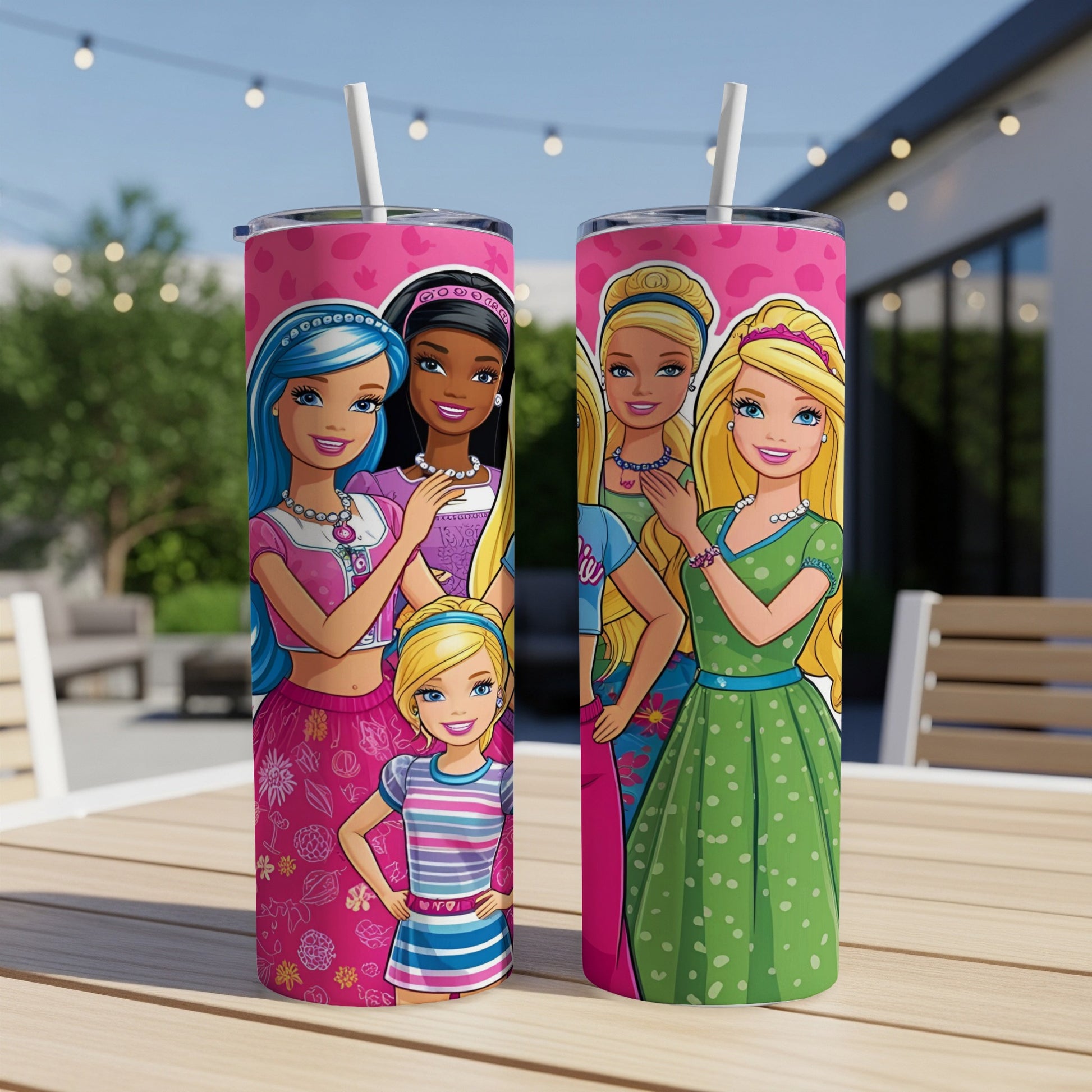 Two Barbie tumblers featuring Barbie dolls in colorful outfits and playful graphics.