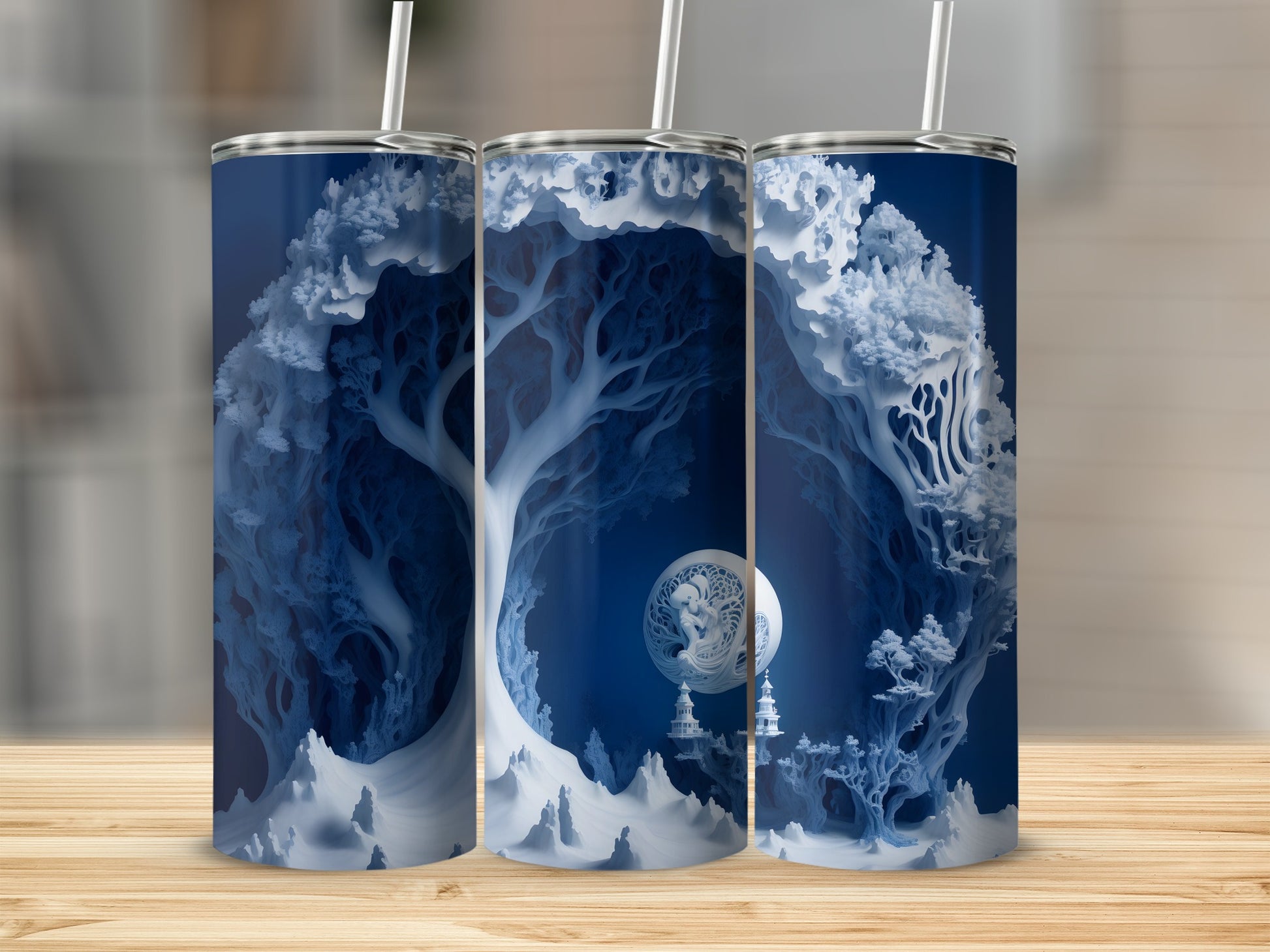Three tumblers with a winter forest and moon fantasy design.
