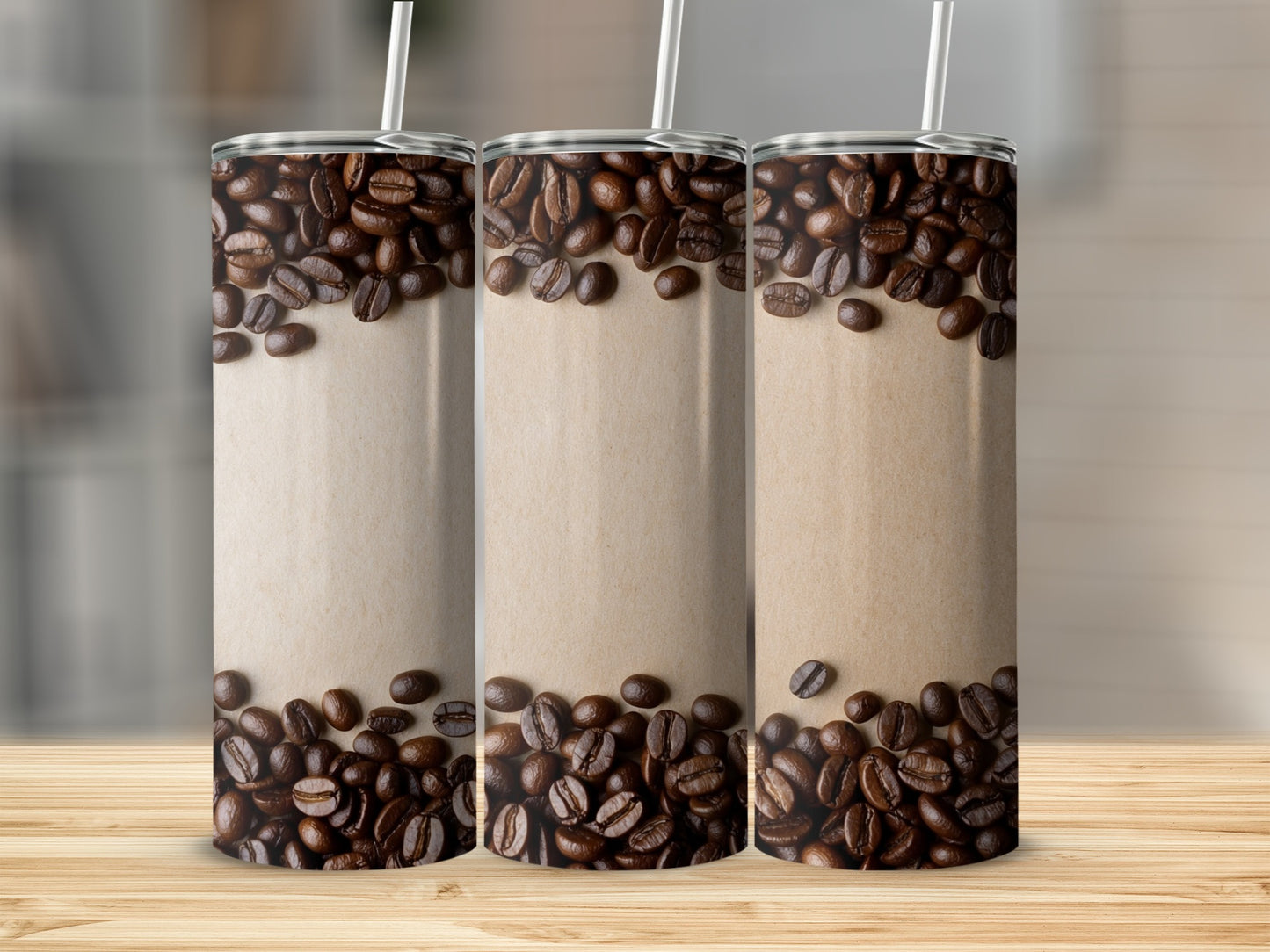 Three tumblers with coffee beans and blank scroll design.