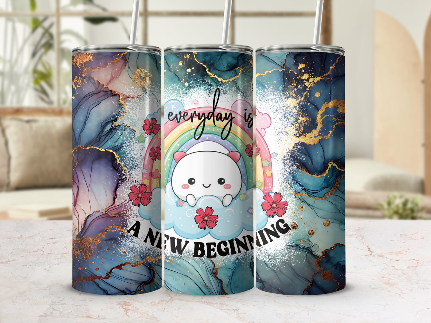 Colorful Floral and Rainbow Design Tumbler Cup