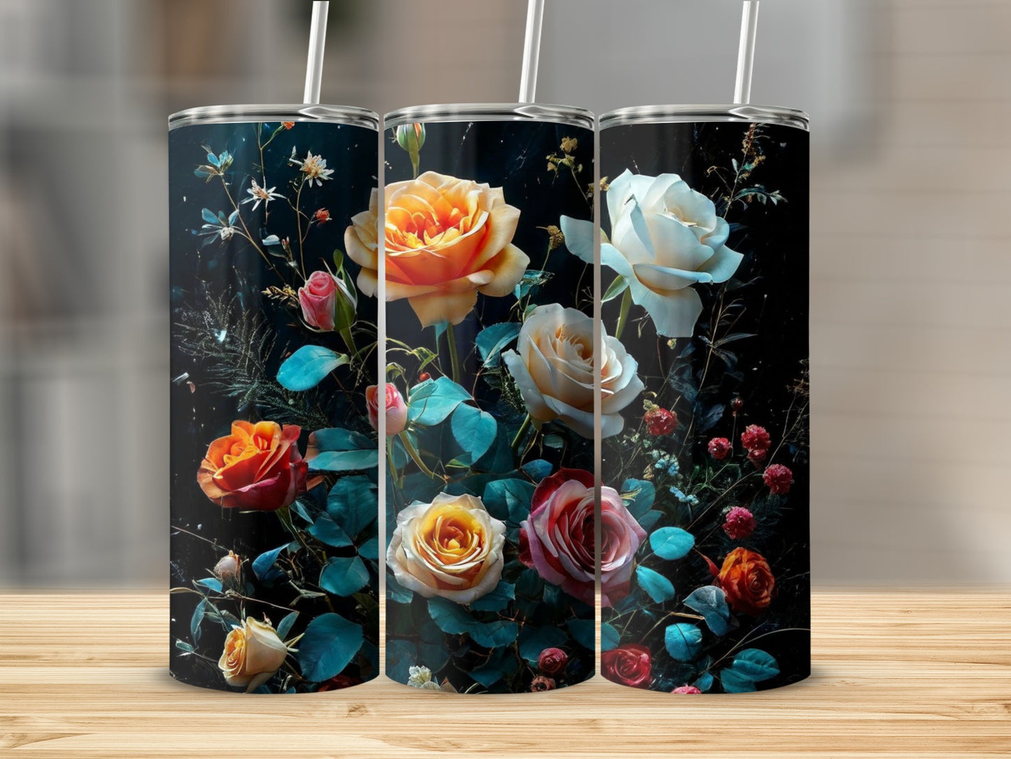 Three tumblers featuring a dark floral arrangement with red and yellow roses.