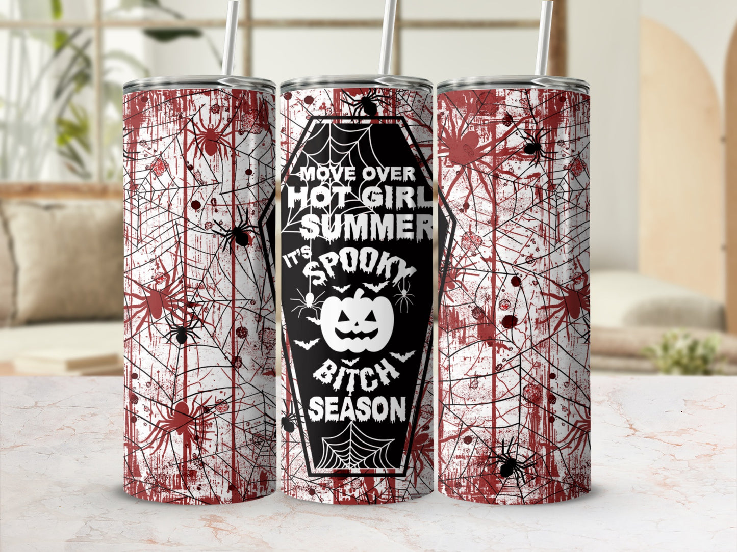 Halloween tumblers with spiderwebs, spiders, and text "Move over hot girl summer, it's spooky bitch season."