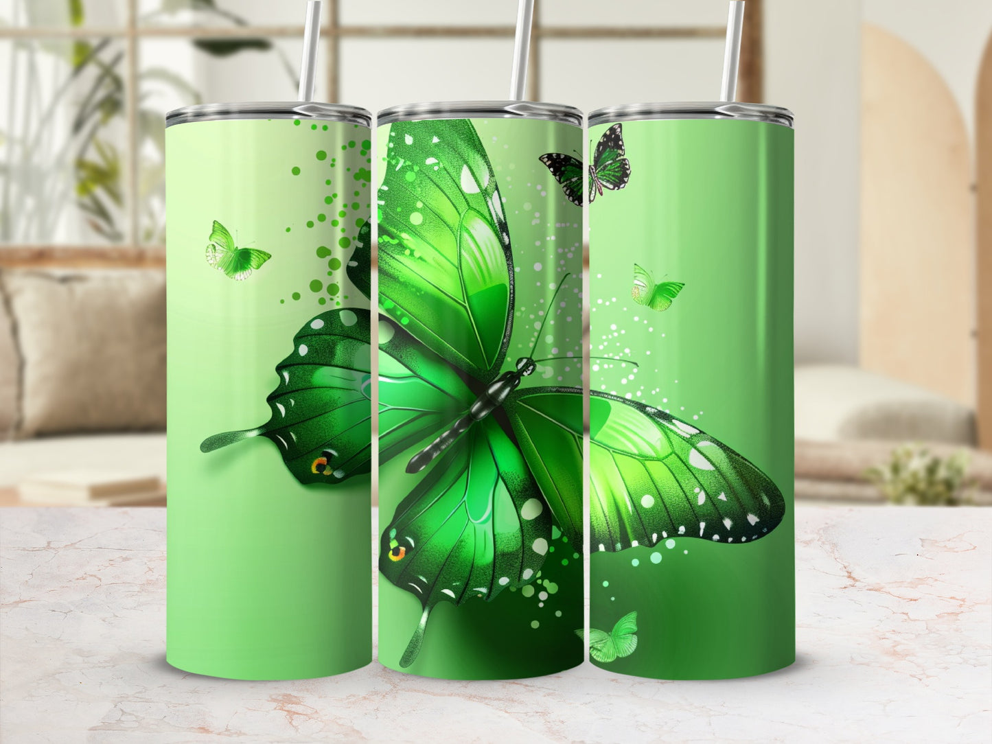 Green butterflies with glitter accents on a light green textured background.