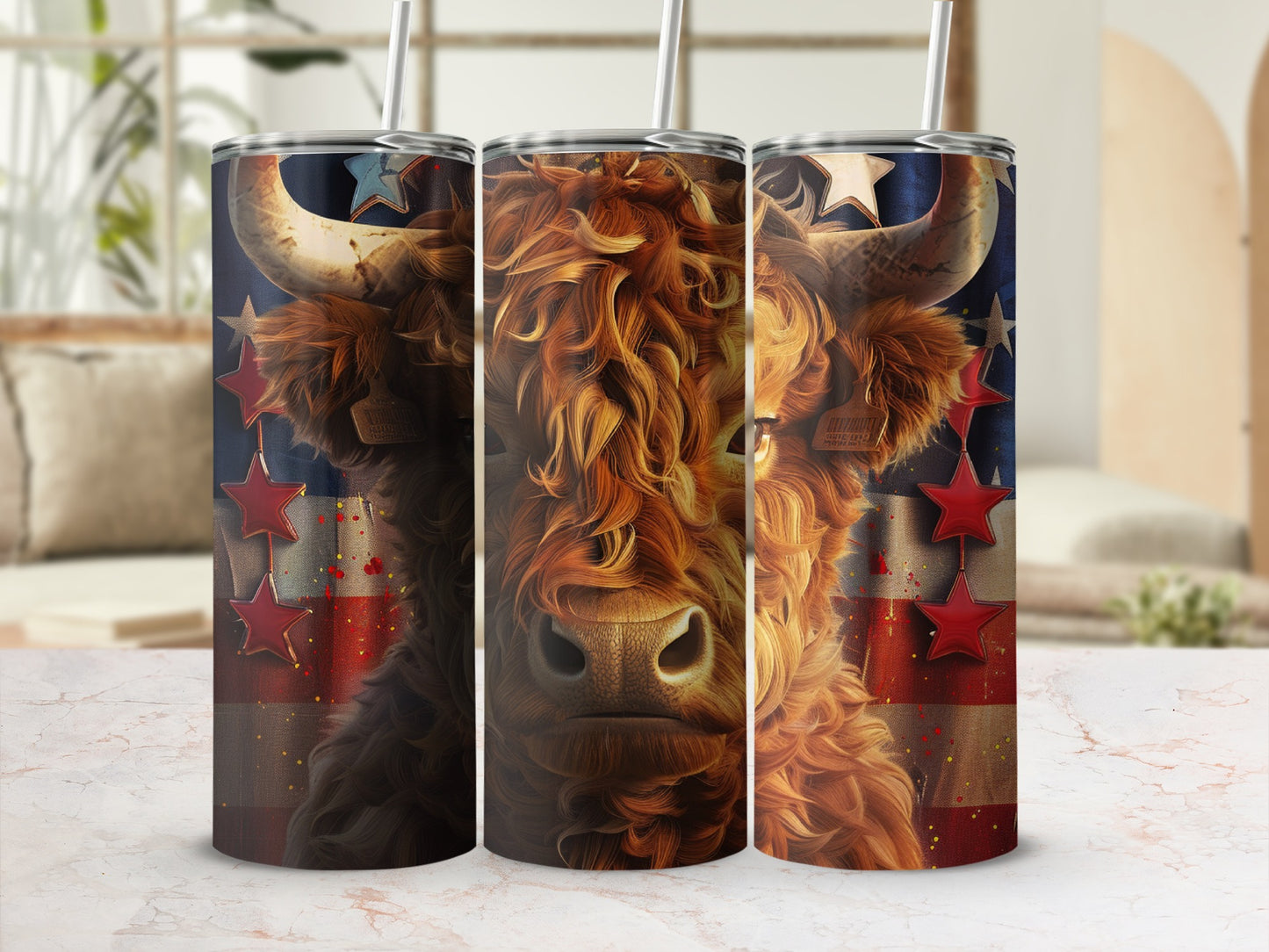 Highland cow with American flag stars on a patterned tumbler.