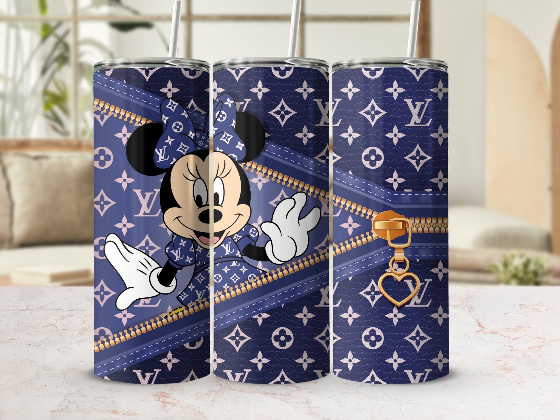 Minnie Mouse on navy blue monogram tumbler with gold zipper and heart charm.