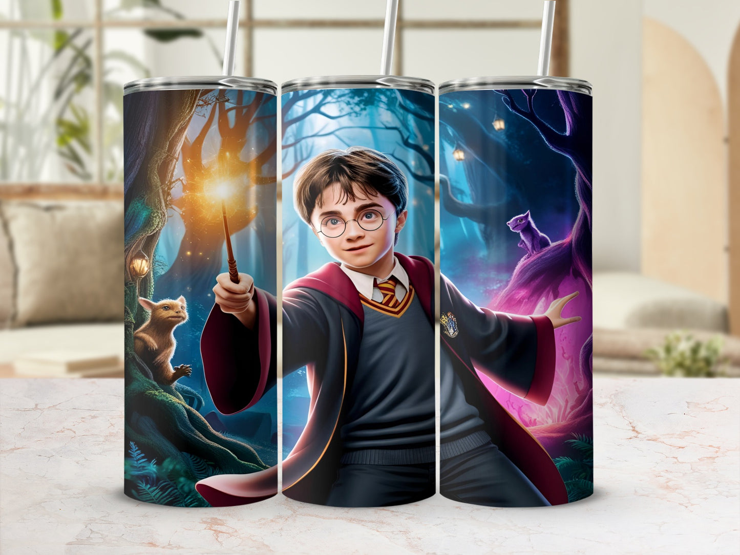 Harry Potter holding wand in magical forest with cat and fox.
