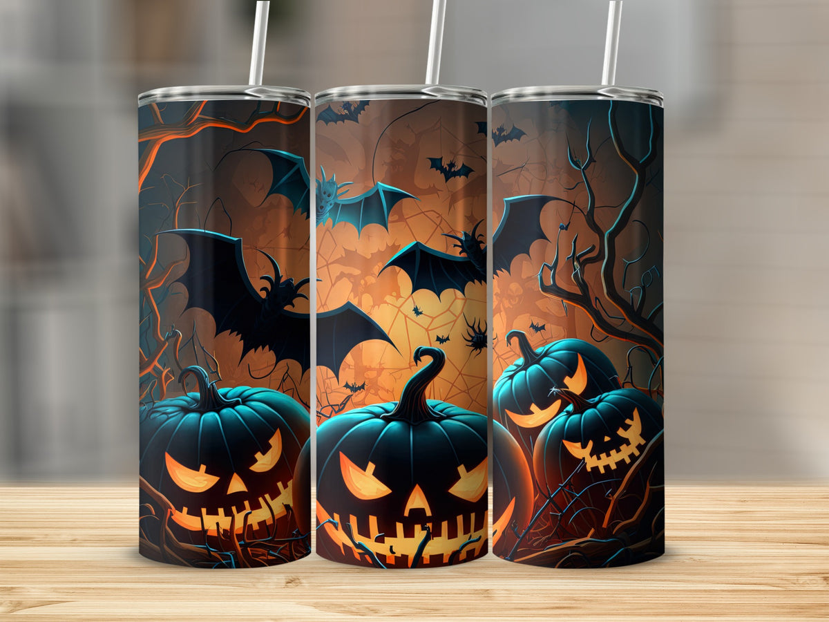 Three tumblers with Halloween design featuring carved pumpkins and bats on branches.